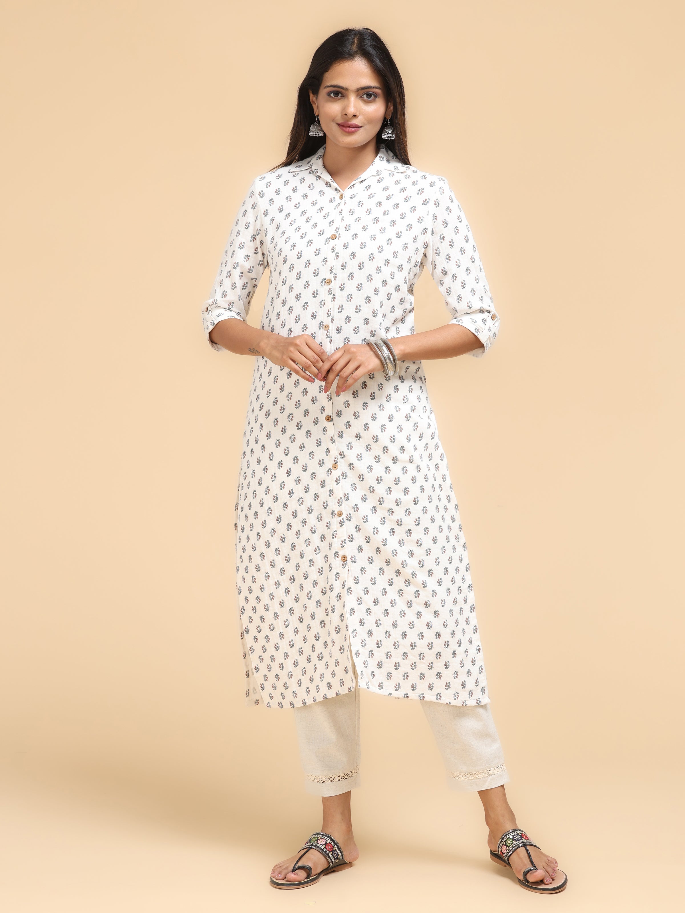 Off White Pure Cotton Kurti With Floral Print