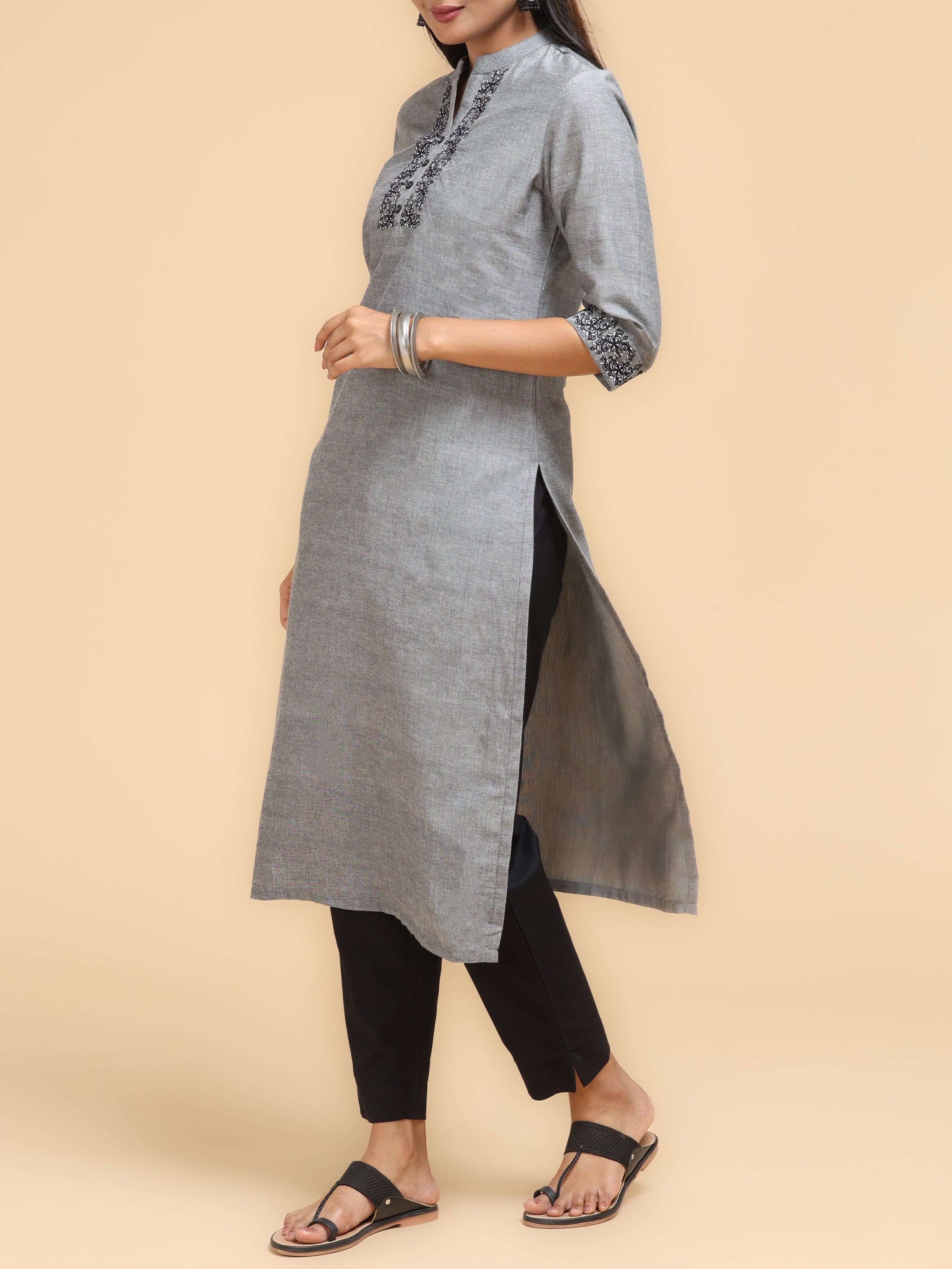 Grey Pure Cotton Kurti With Embroidery
