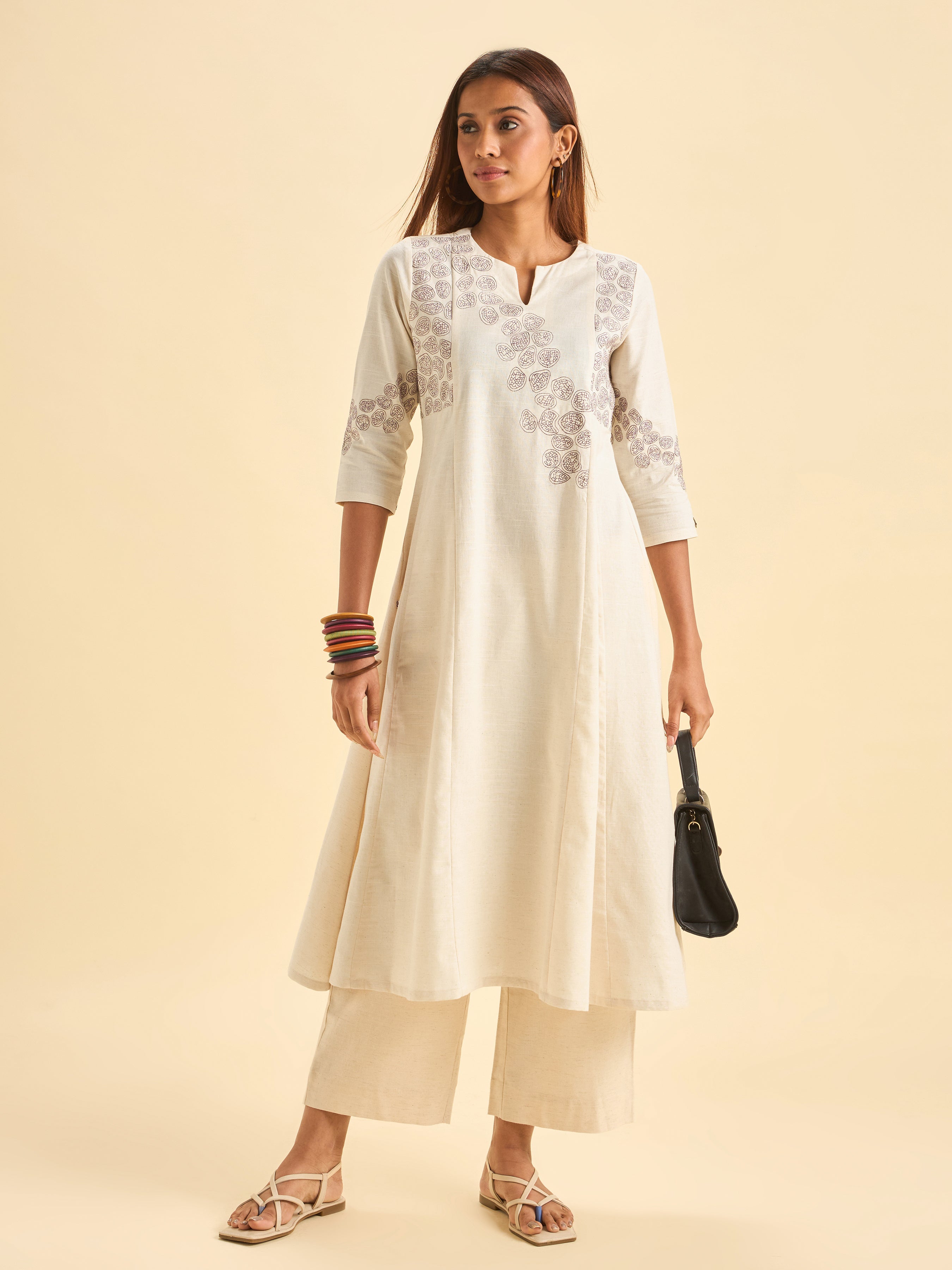 Ivory Cotton Flax Slub Flared Centre Panel Kurti