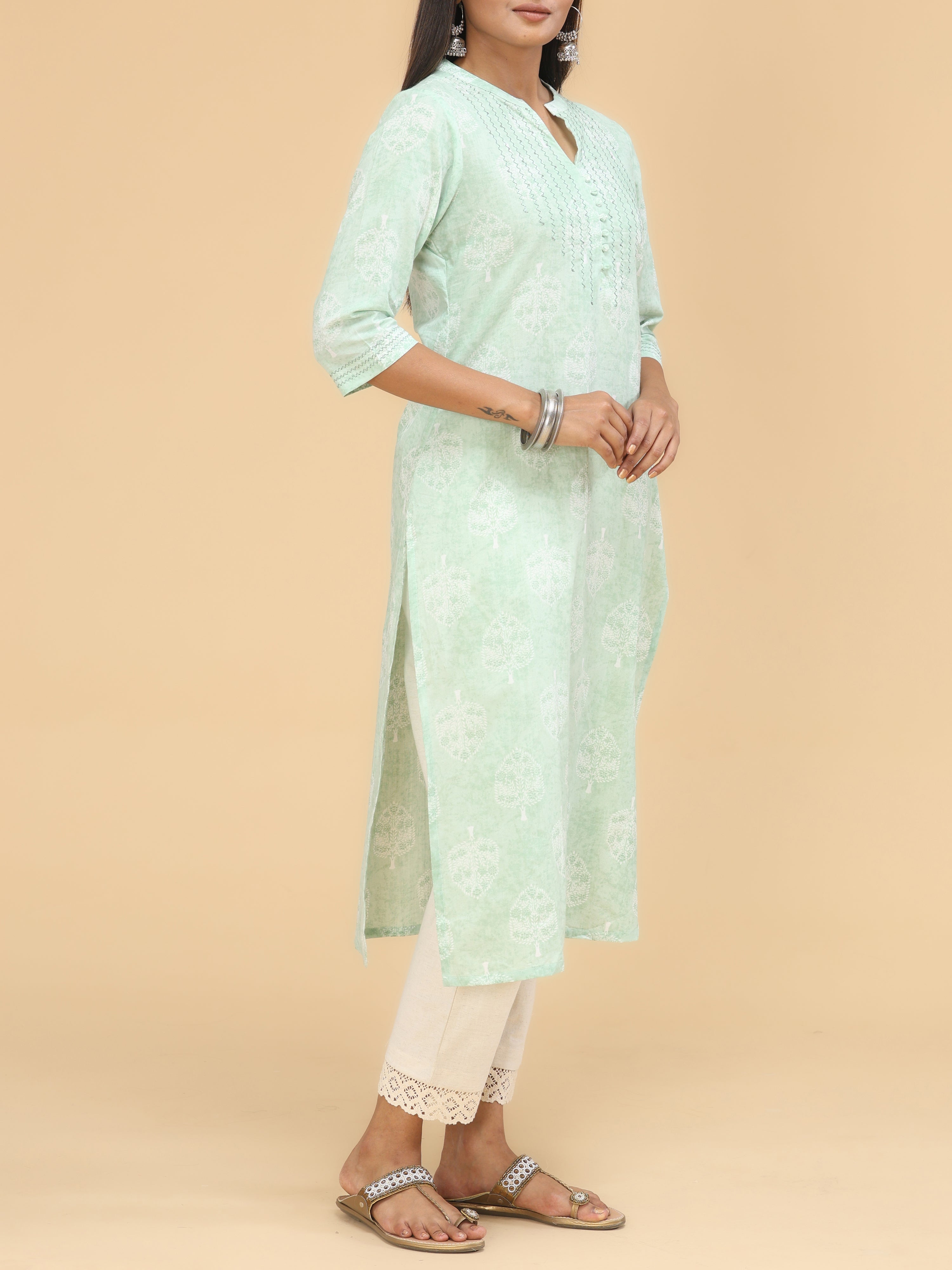 Light Green Pure Cotton Kurti With Print