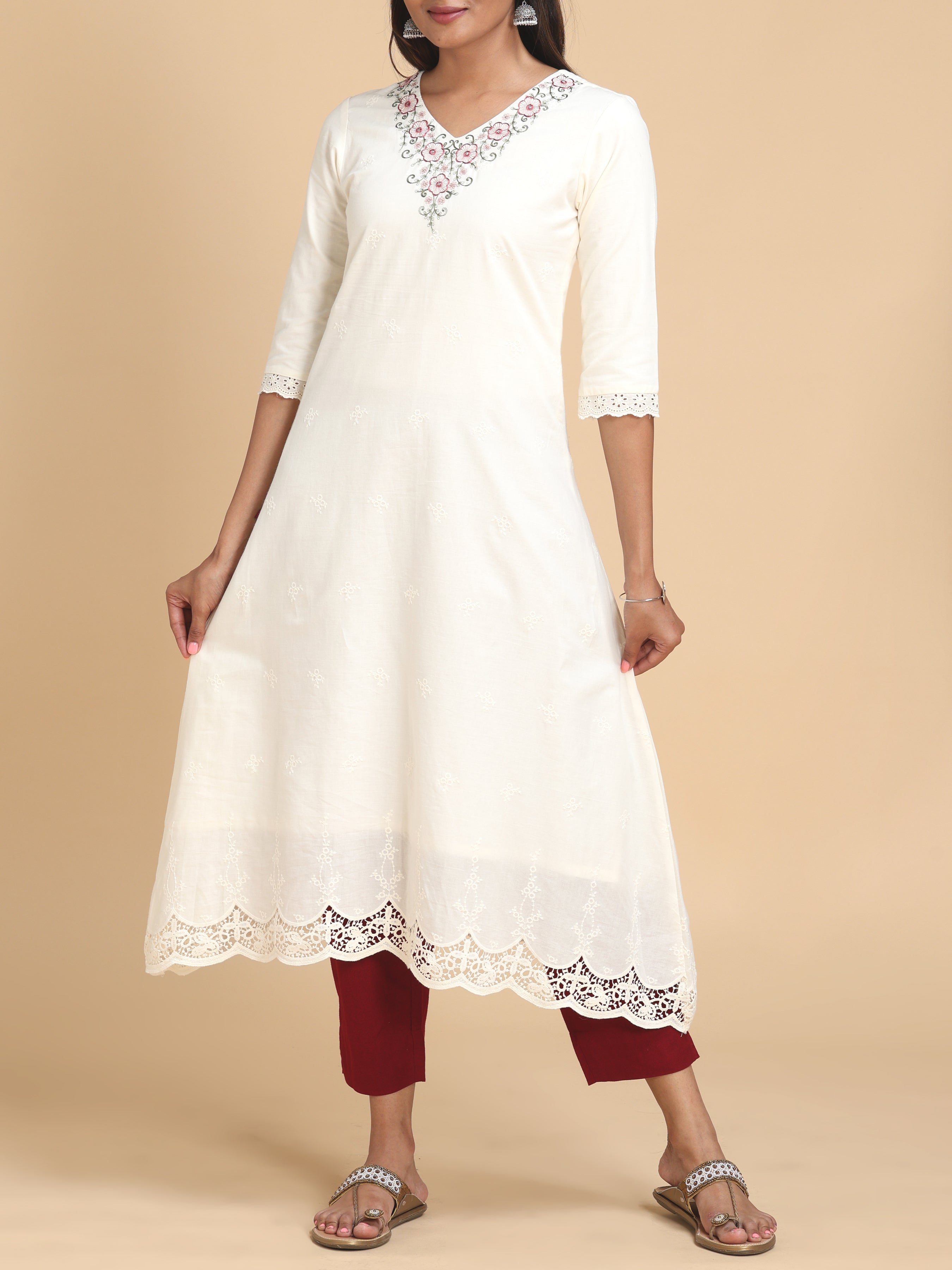 Off White Pure Cotton Kurti With Embroidery