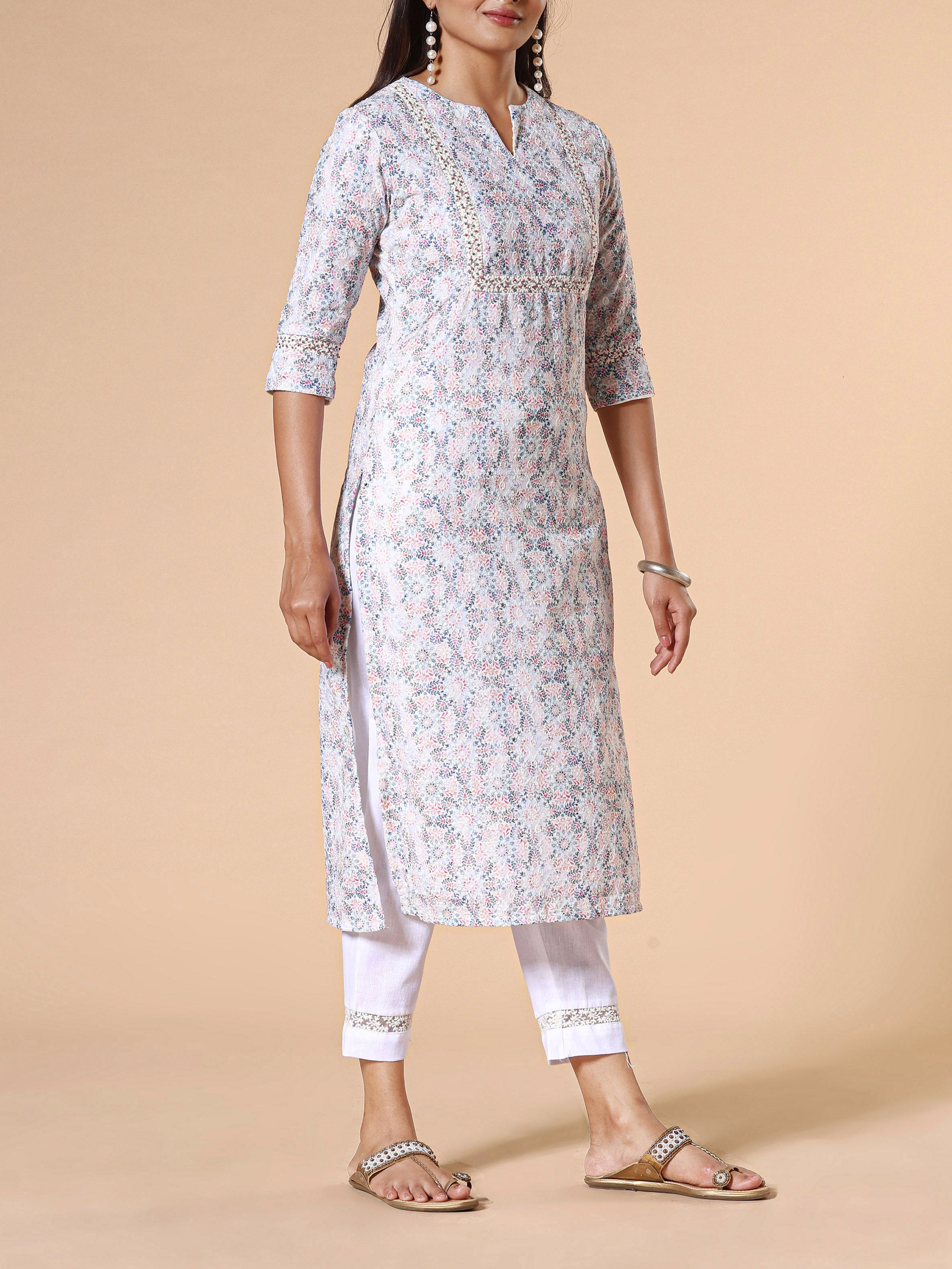 White Poly Cotton Schiffli Printed Kurti With Embroidery And Matching Bottom