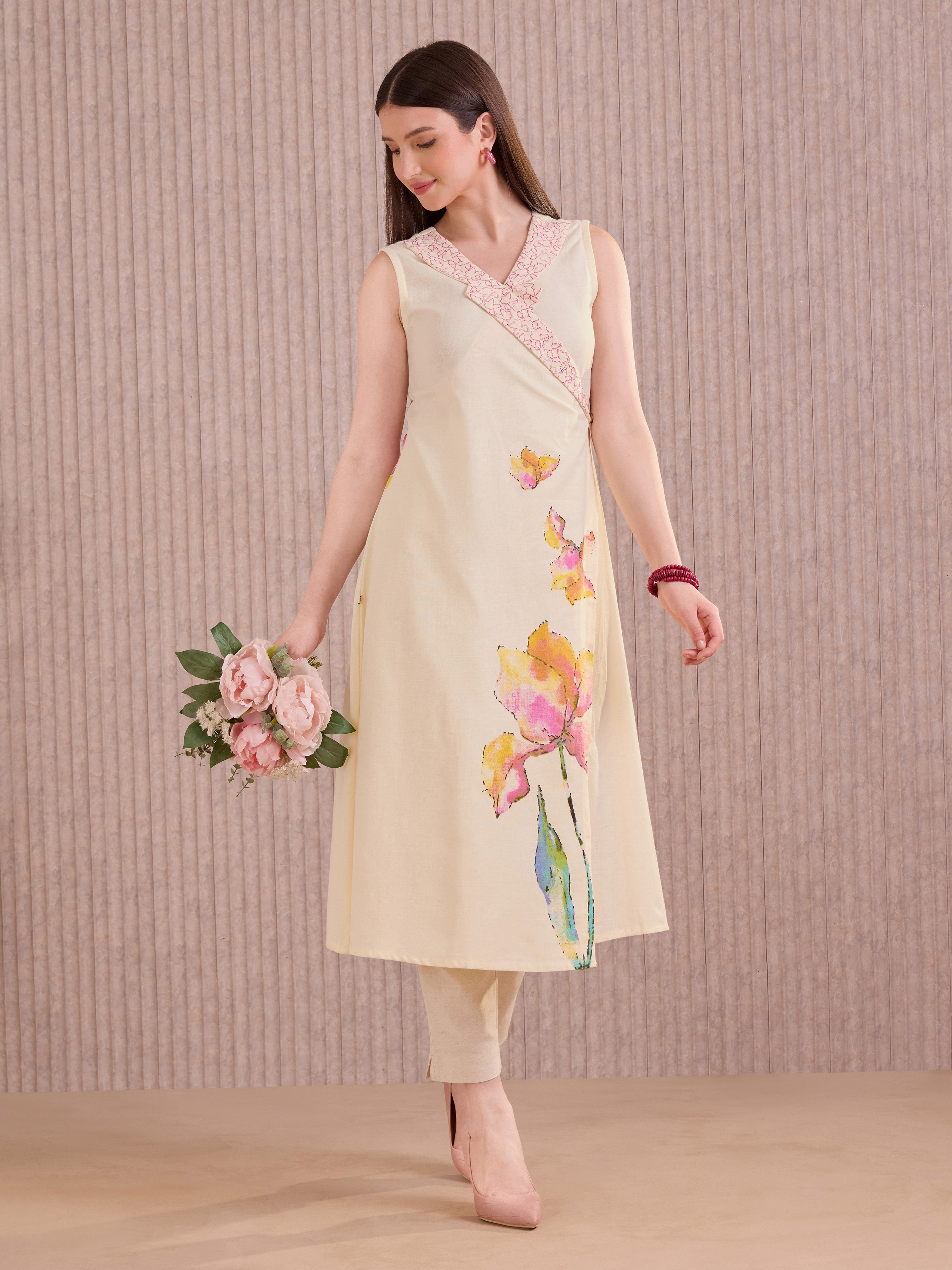 Ivory Cotton Slub Ankrakha Kurti With Print And Embroidery