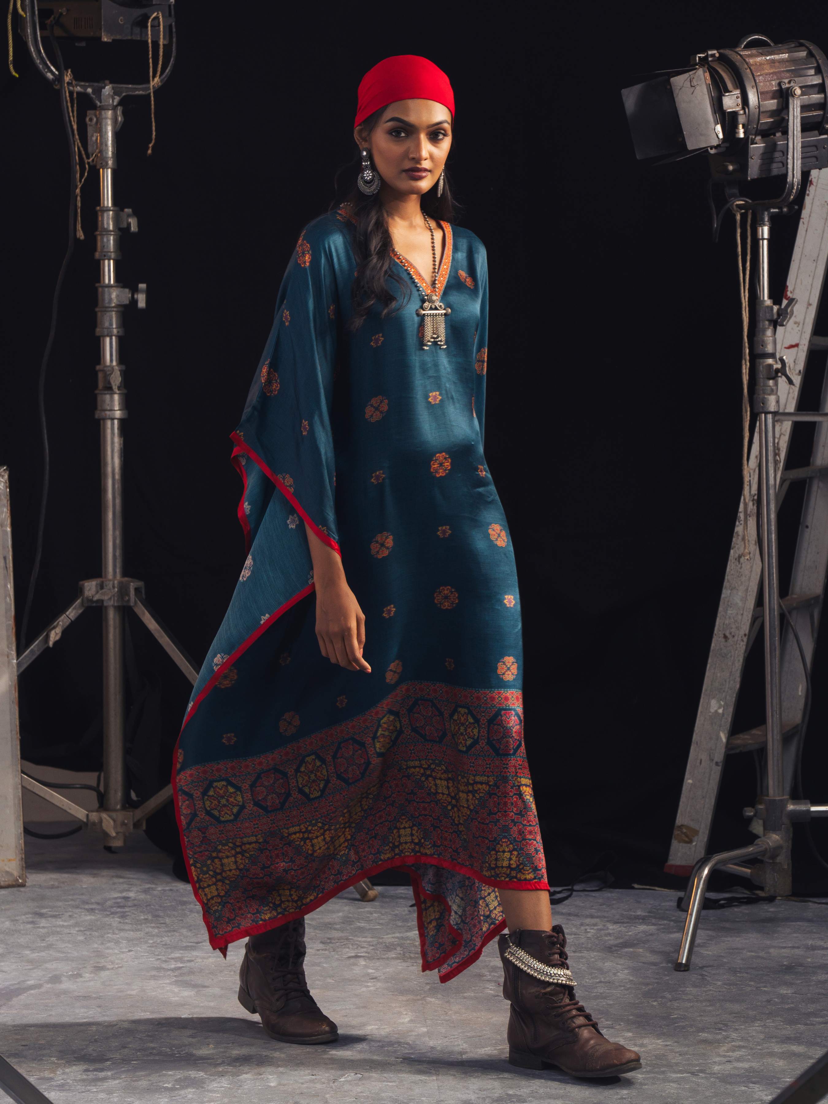 Blue Multi Colour Modal Satin Printed Kaftan With Sequins Embroidery