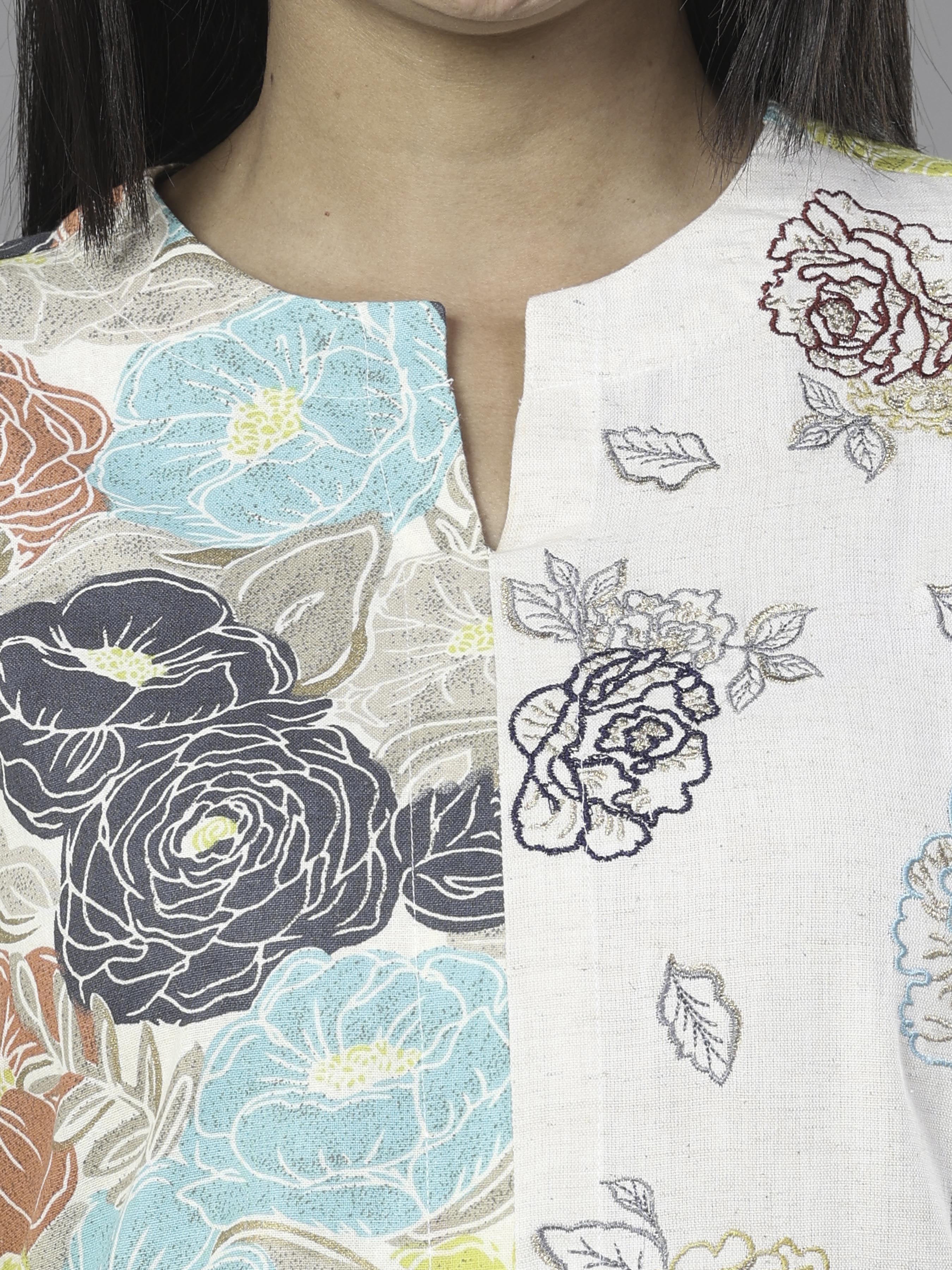 Multi Color Cotton Flax Printed Kurti With Embroidery