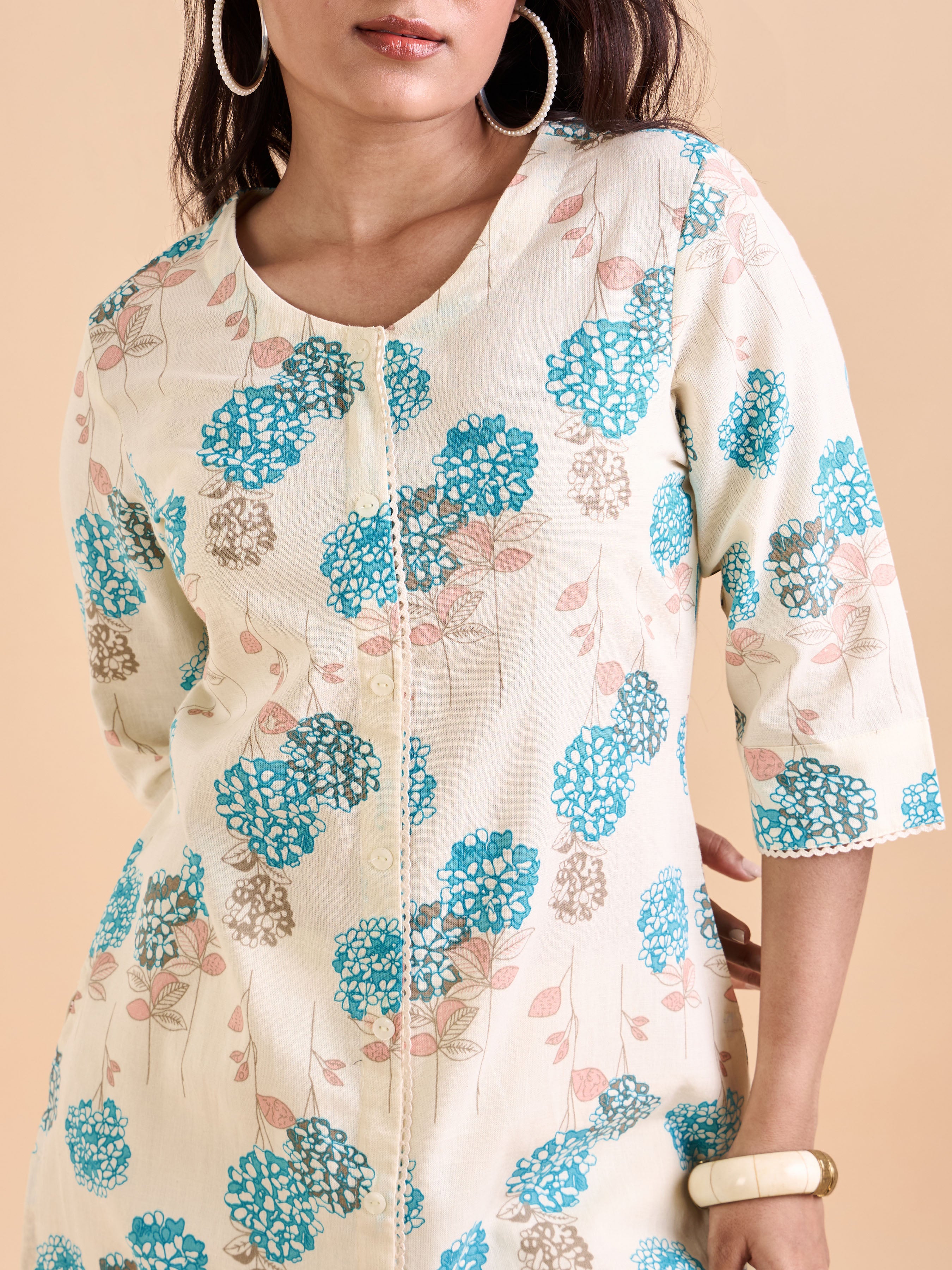 Ivory And Blue Cotton Flax Printed Kurti With Lace Detailing