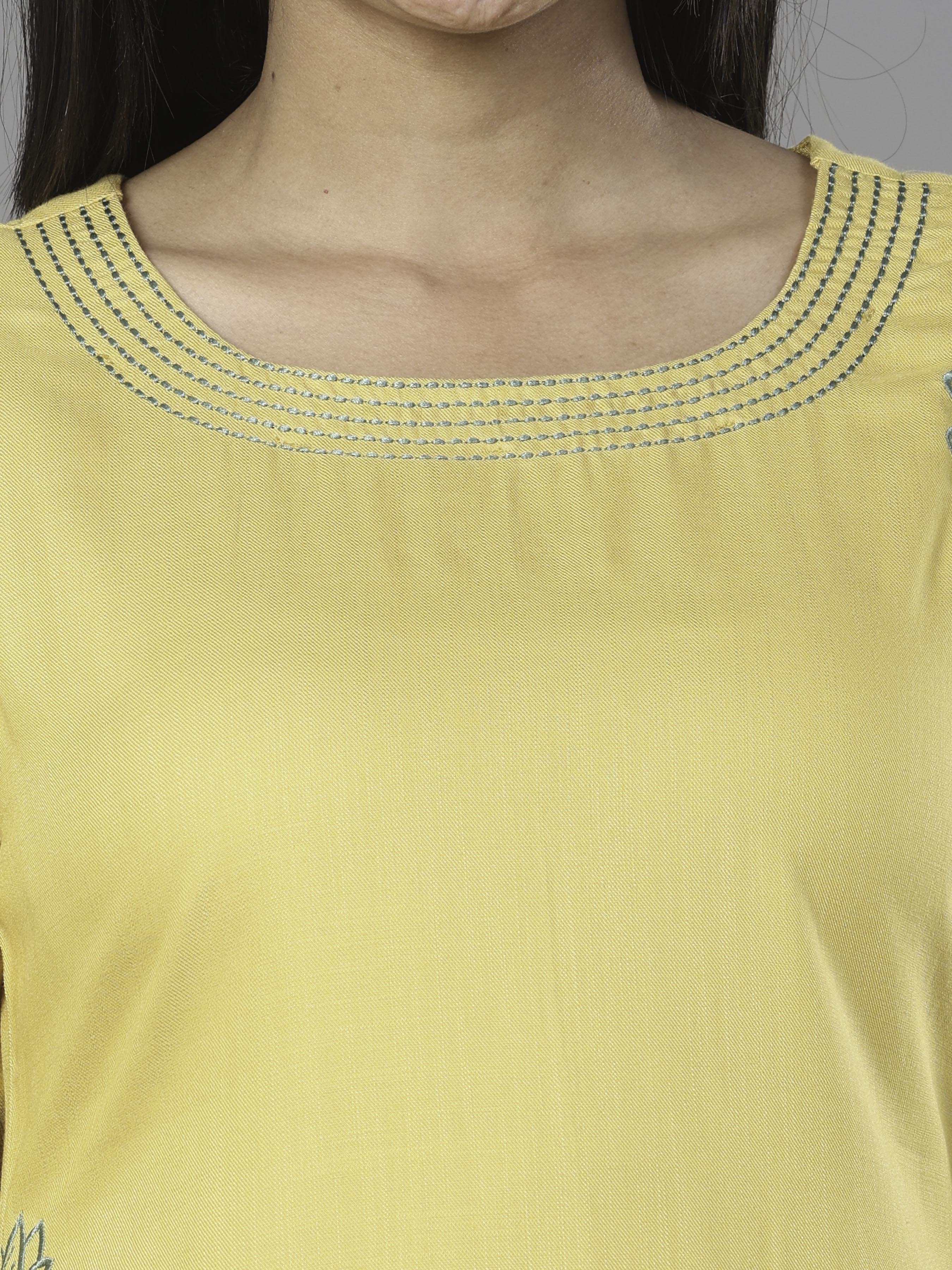 Yellow Viscose Twill Kurti With Embroidery