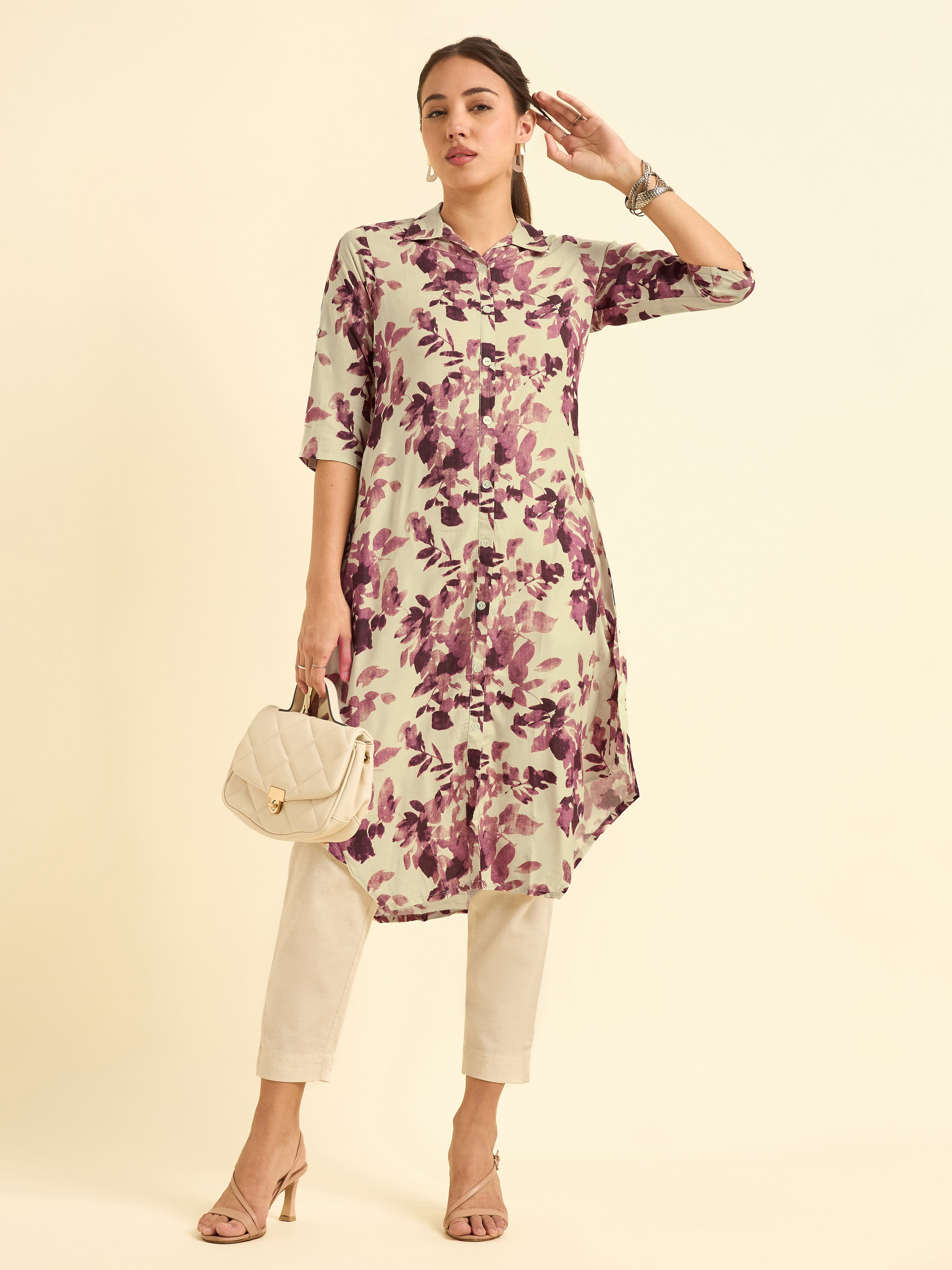 Ivory Wine Red Viscosew Printed Kurti With Shaped Hemline