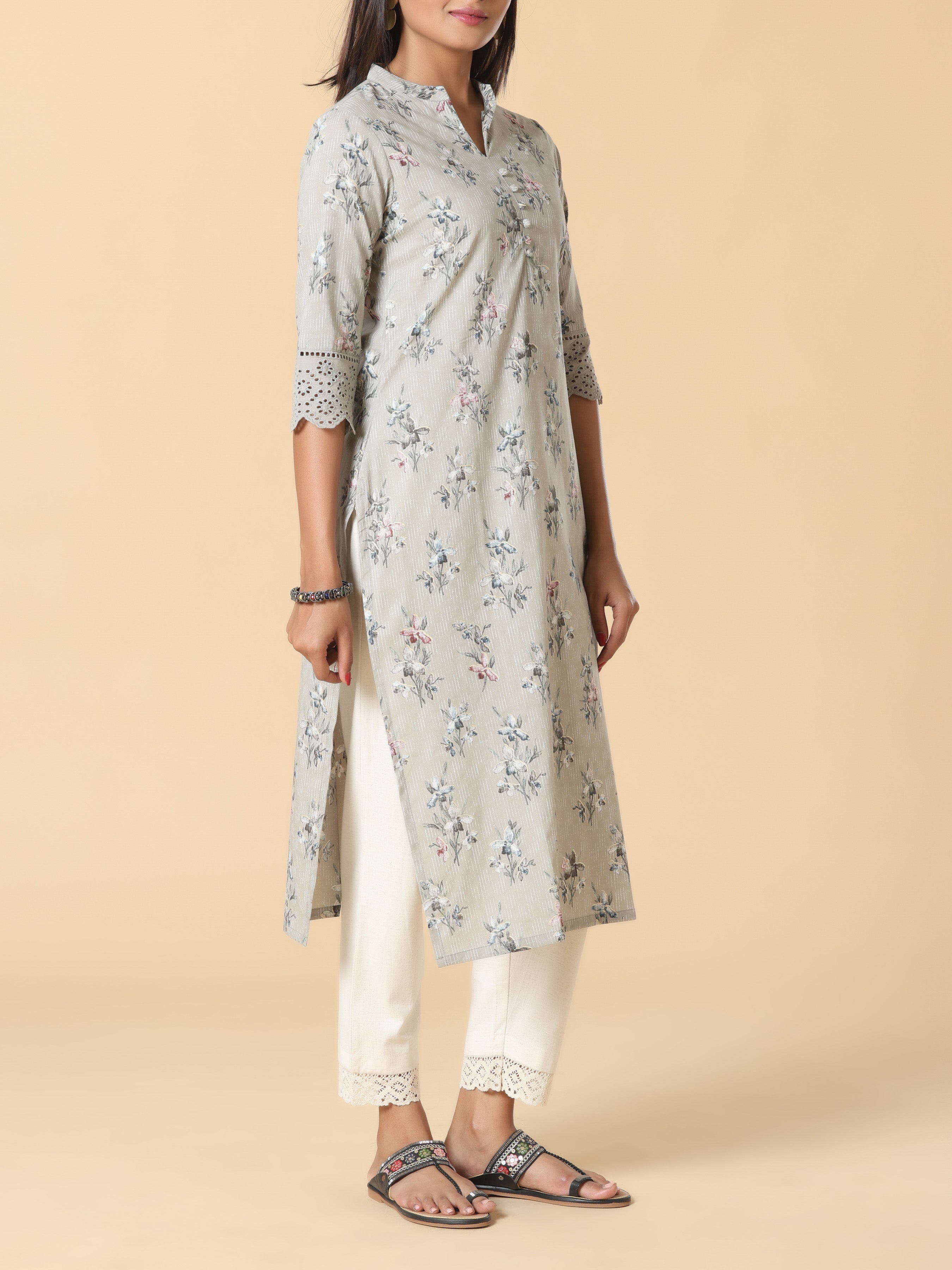 Light Grey Pure Cotton Printed Kurti With Lace Detailing