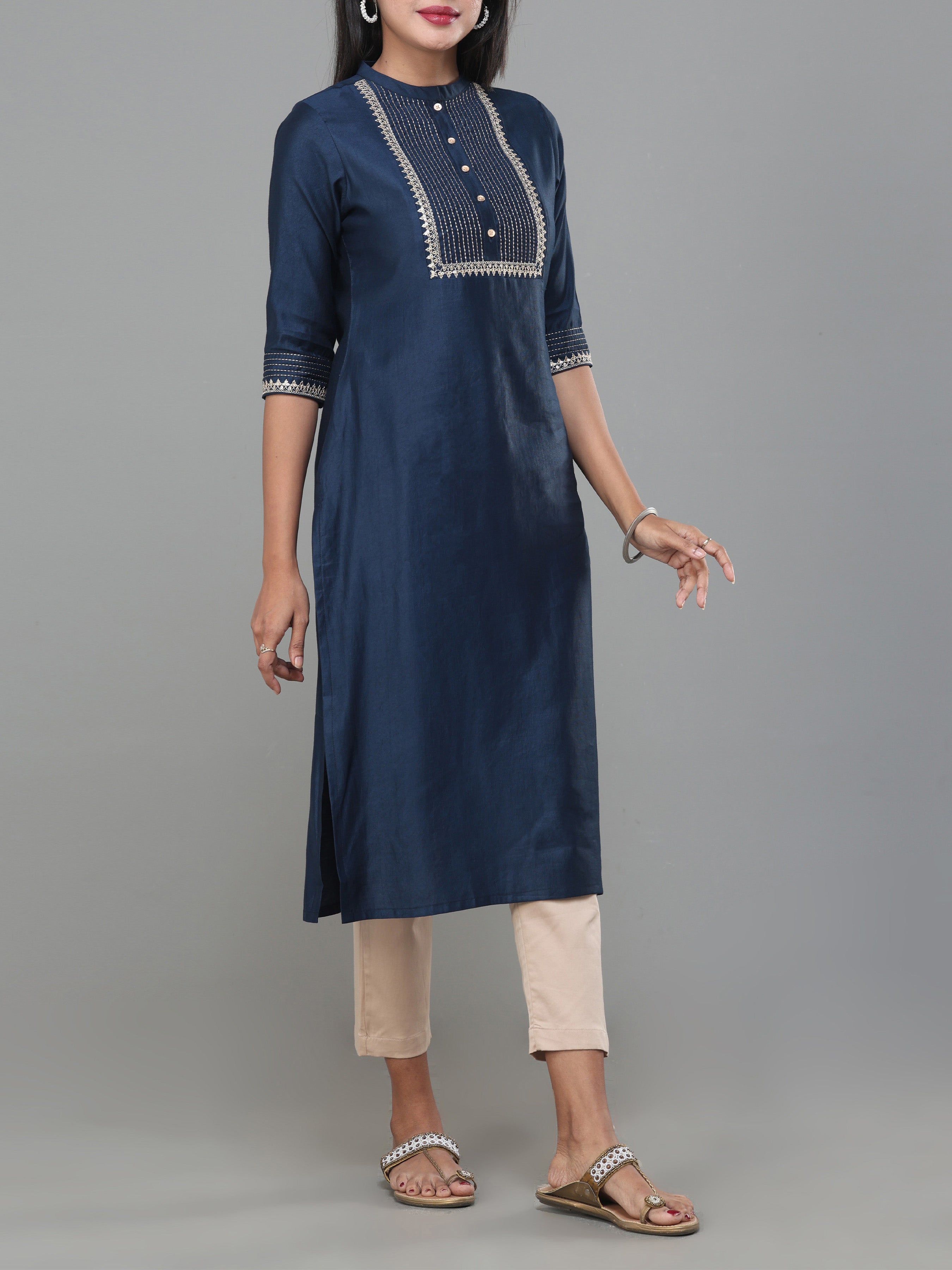Denim Blue Viscose Kurti With Embroidery