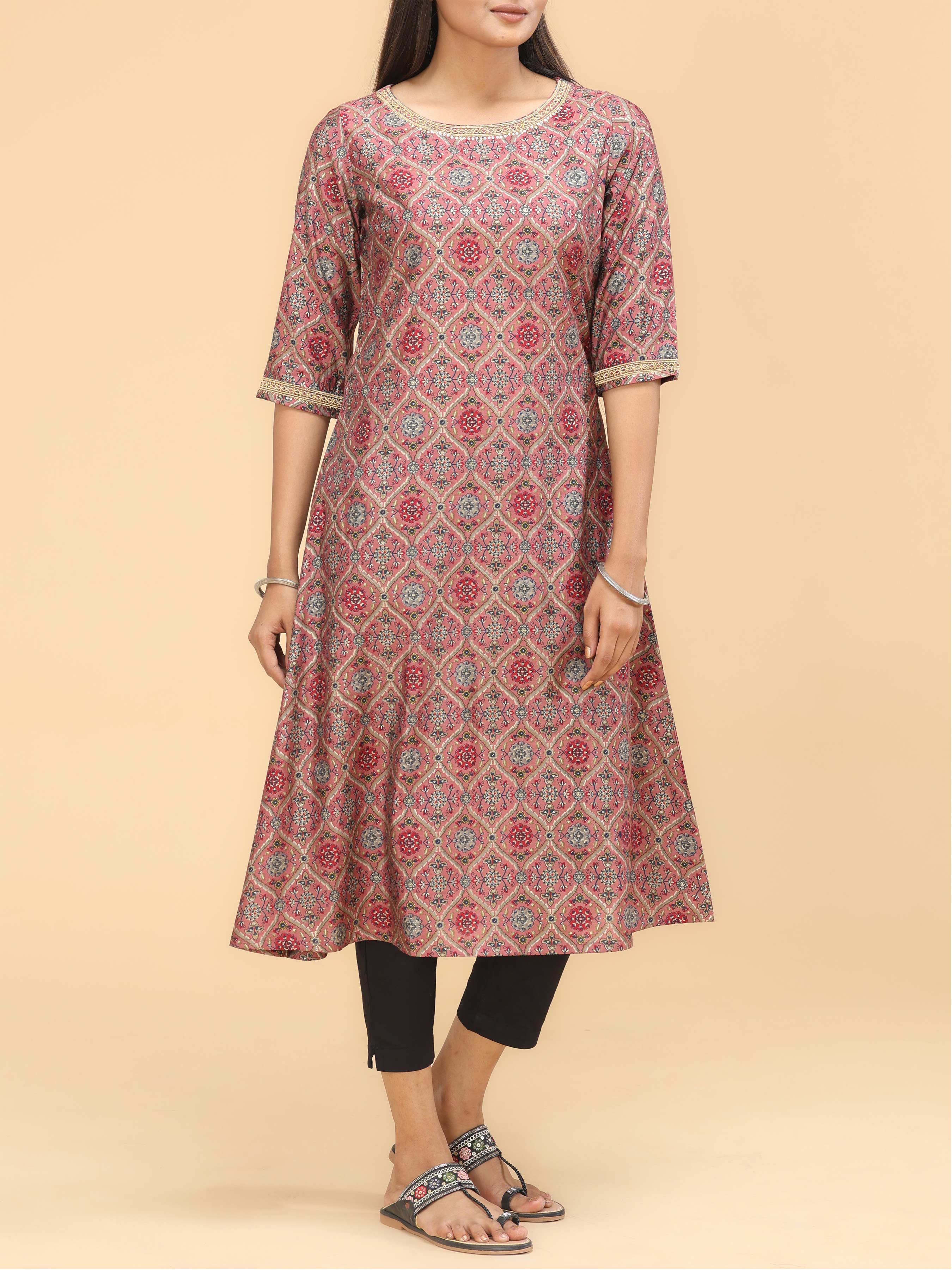 Copper Brown Modal Chanderi Printed Kurti With Hand Work
