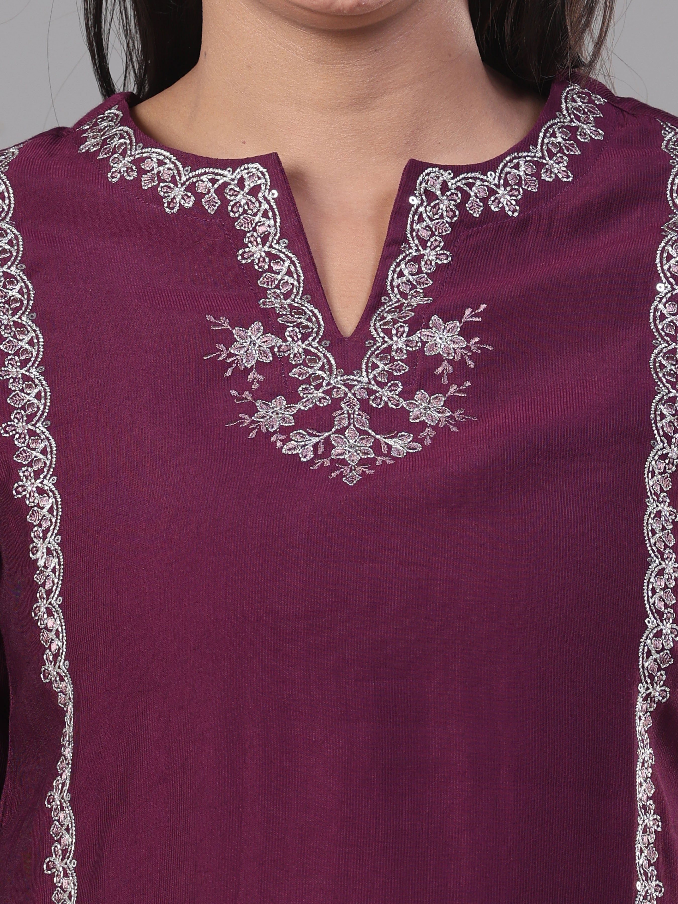Purple Denting Viscose Kurti With Embroidery