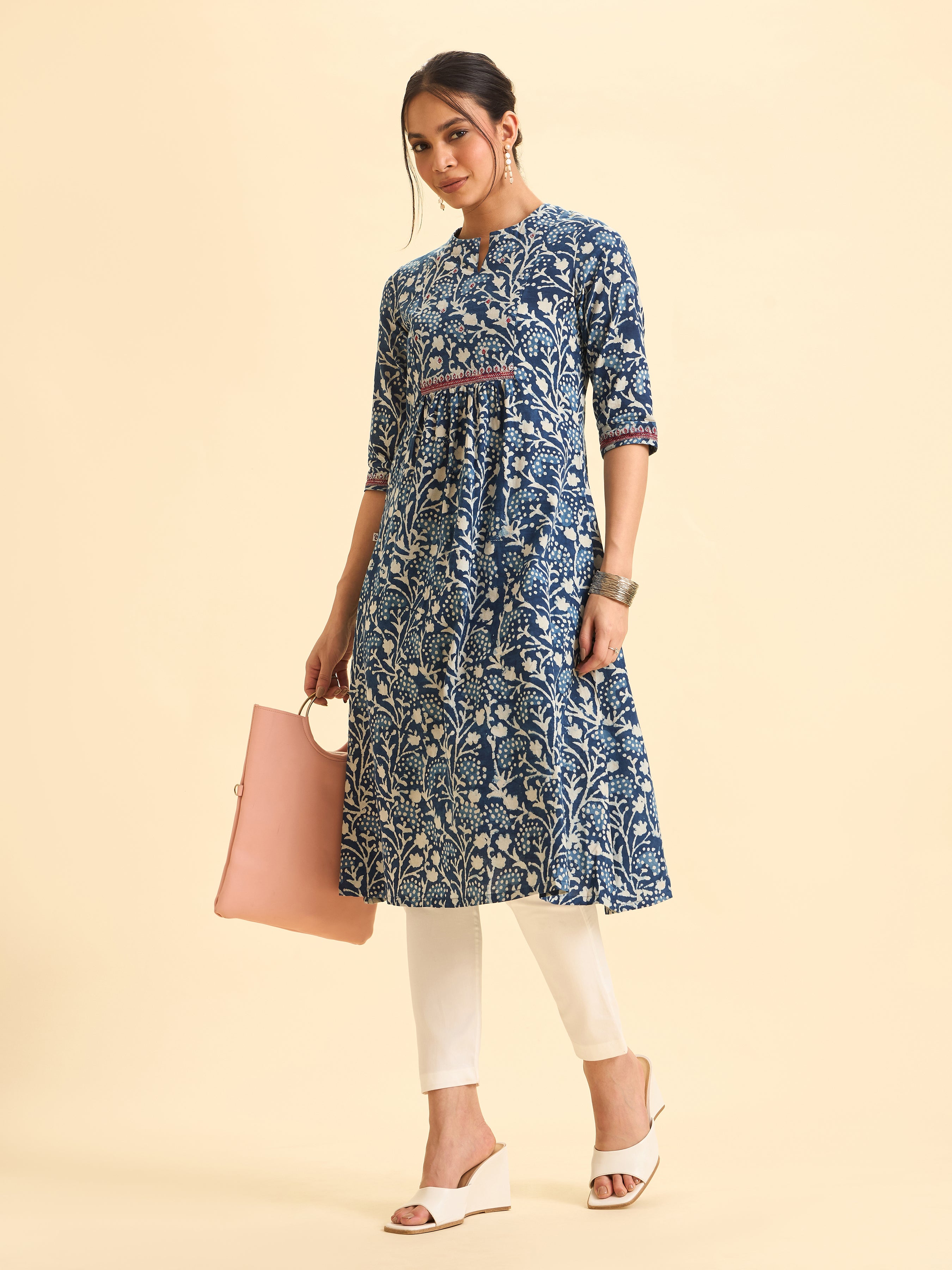 Indigo Blue Pure Cotton Printed Kurti With Embroidery And Sequins Work
