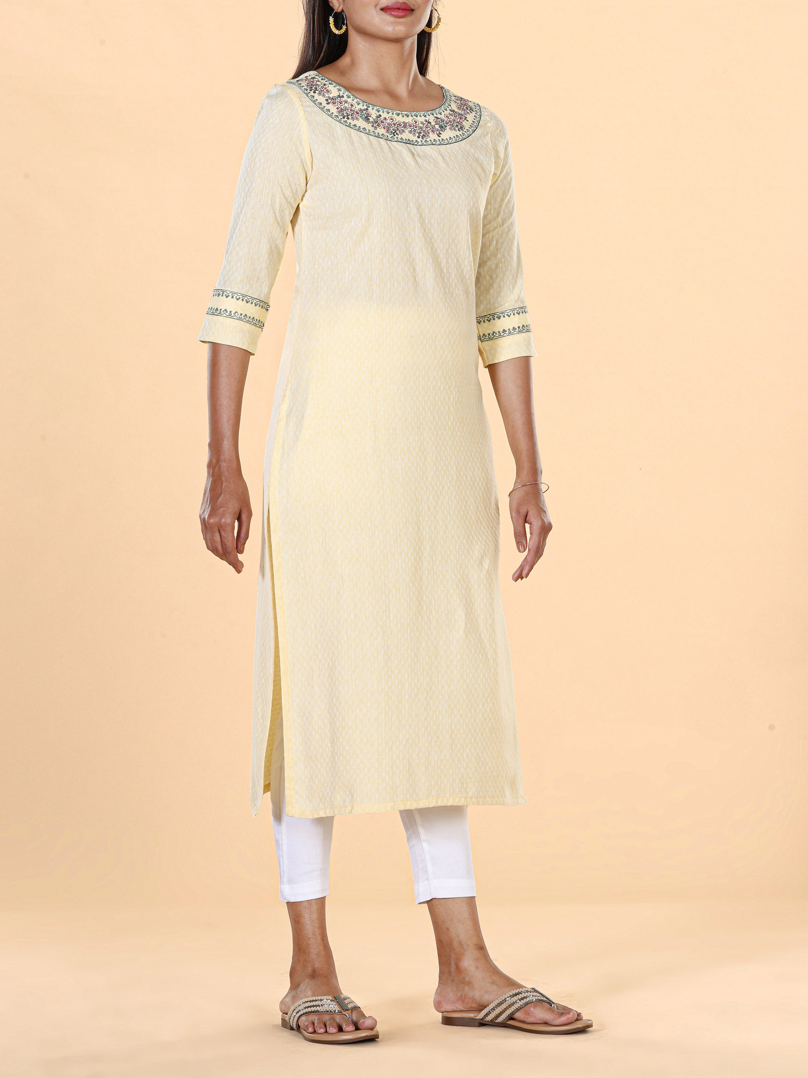 Pale Yellow Cotton Dobby Plain Kurti With Cording Embroidery