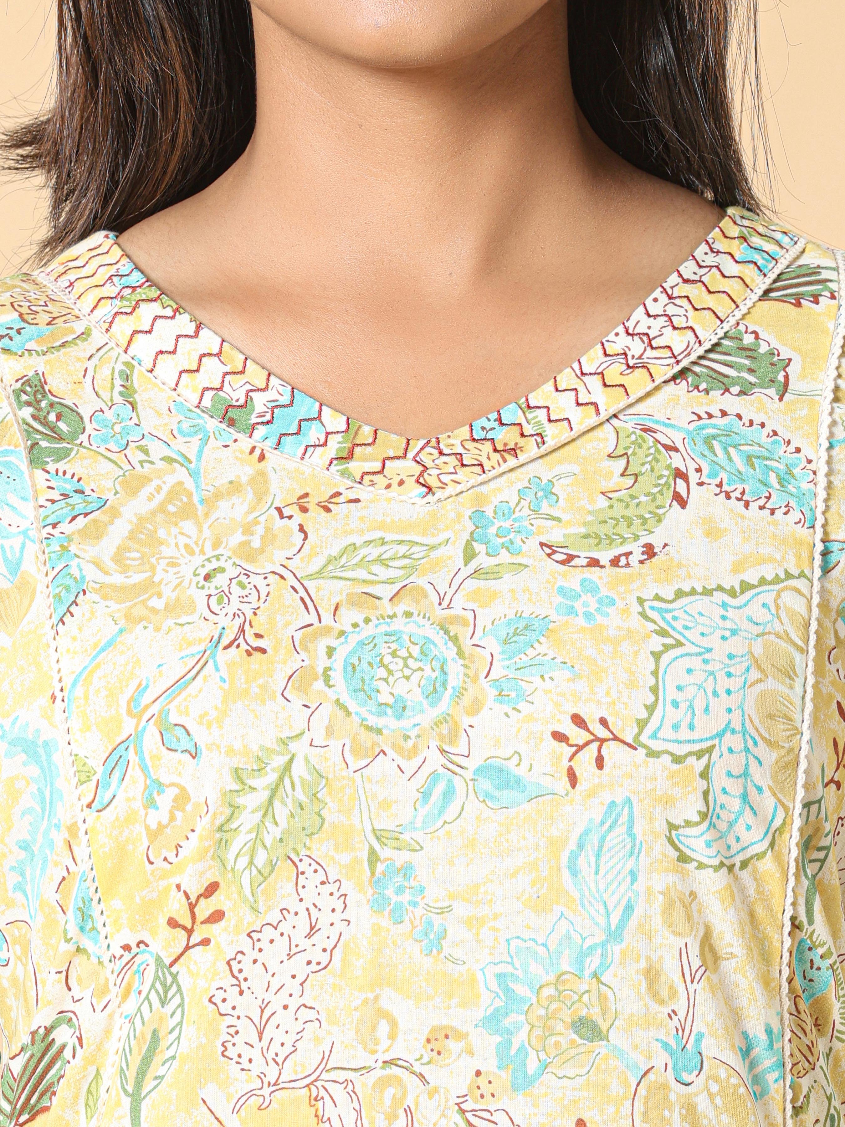 Marigold Yellow Pure Cotton Printed Kurti With Embroidery