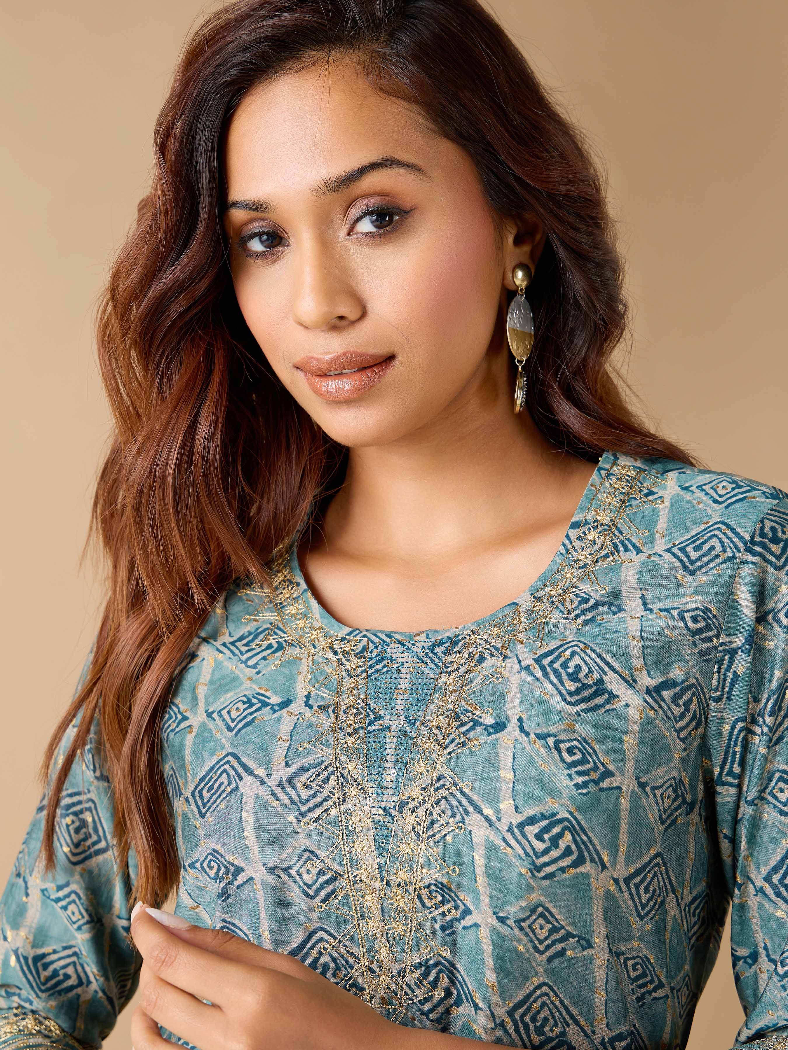 Teal Modal Chanderi Geometrical Printed Kurti With Sequins Embroidery