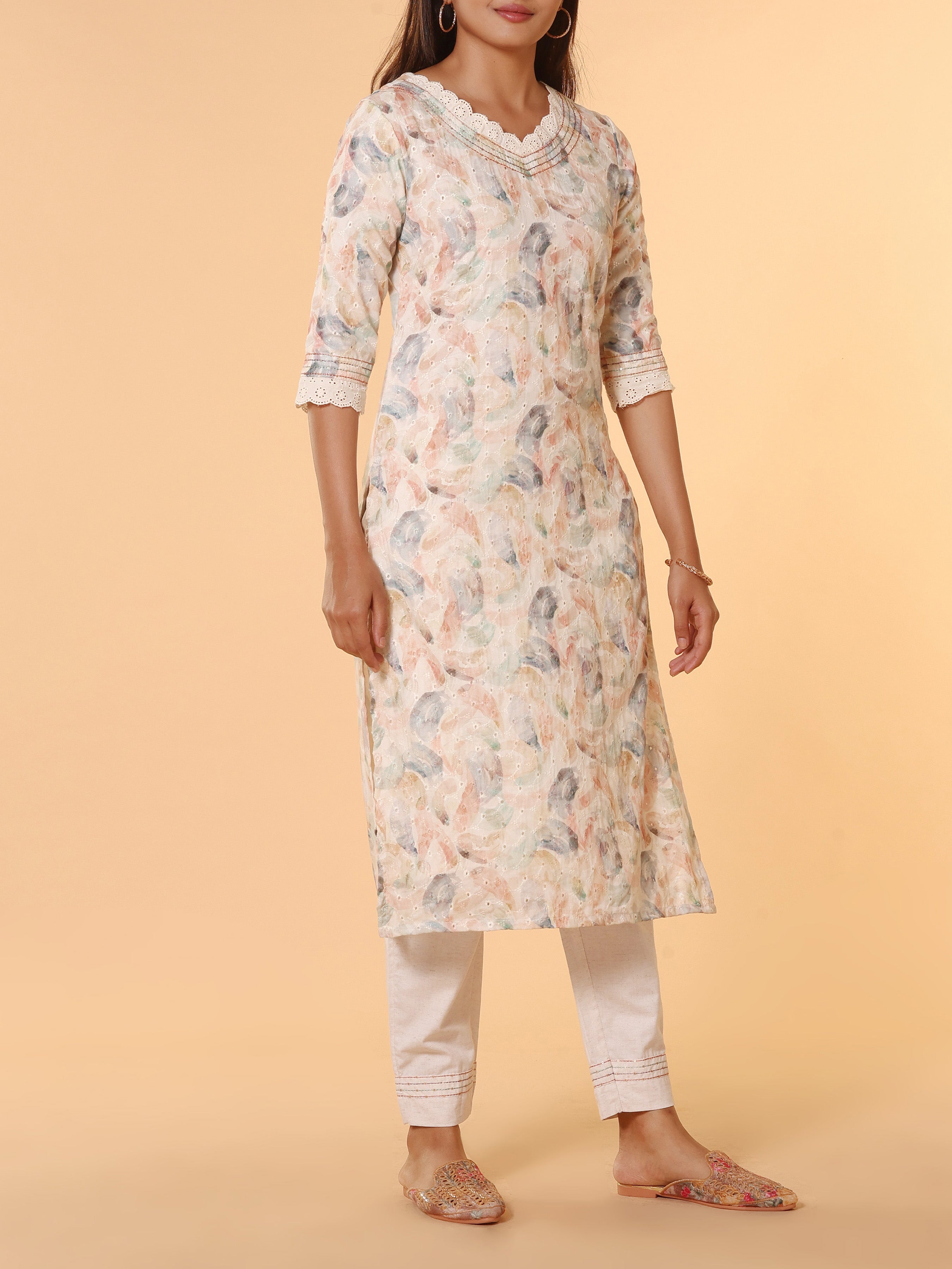 Multi-Colour Cotton Schiffli Printed Kurti With Embroidery And Matching Bottom
