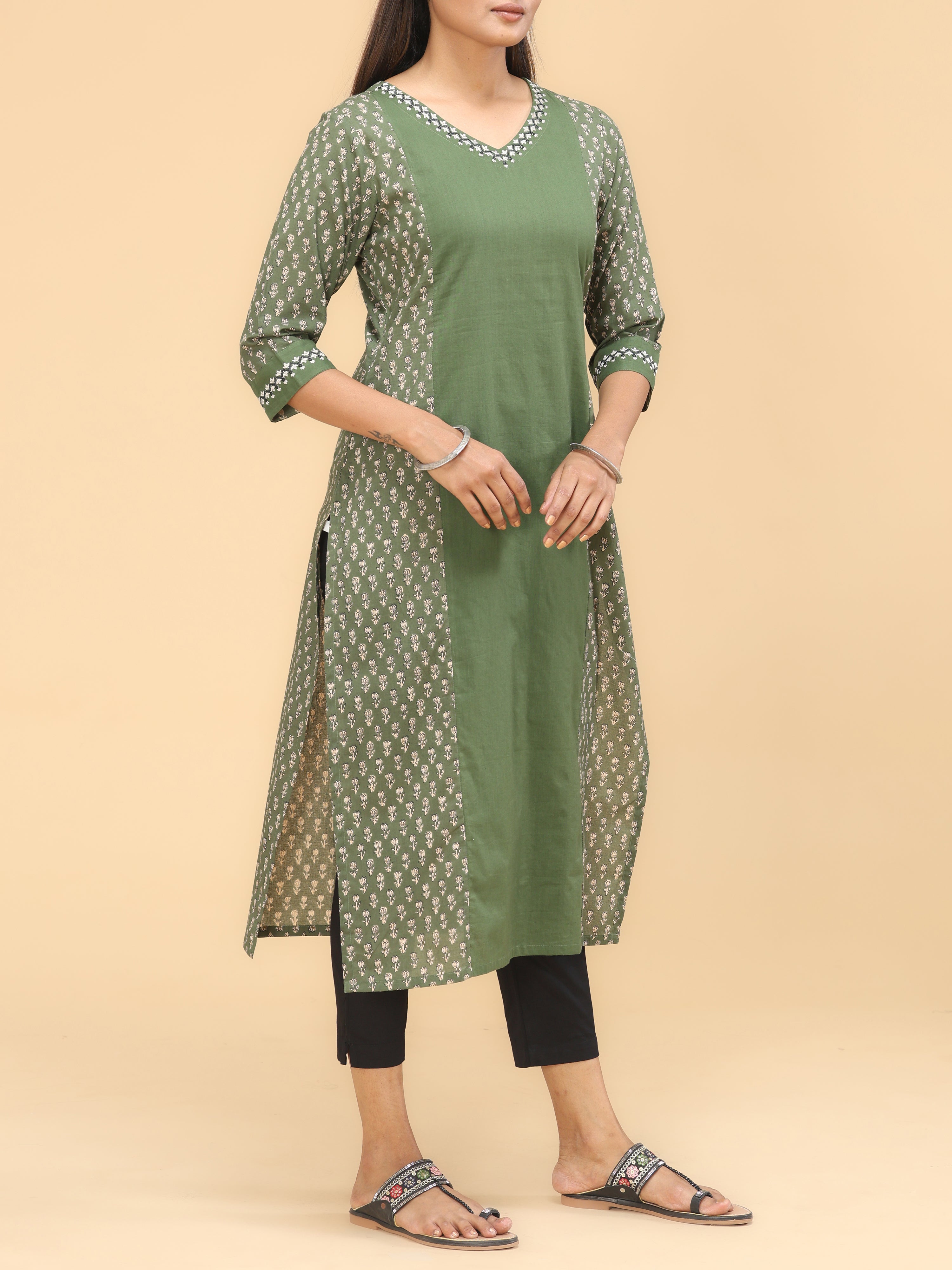 Olive Green Pure Cotton Printed Kurti With Embroidery