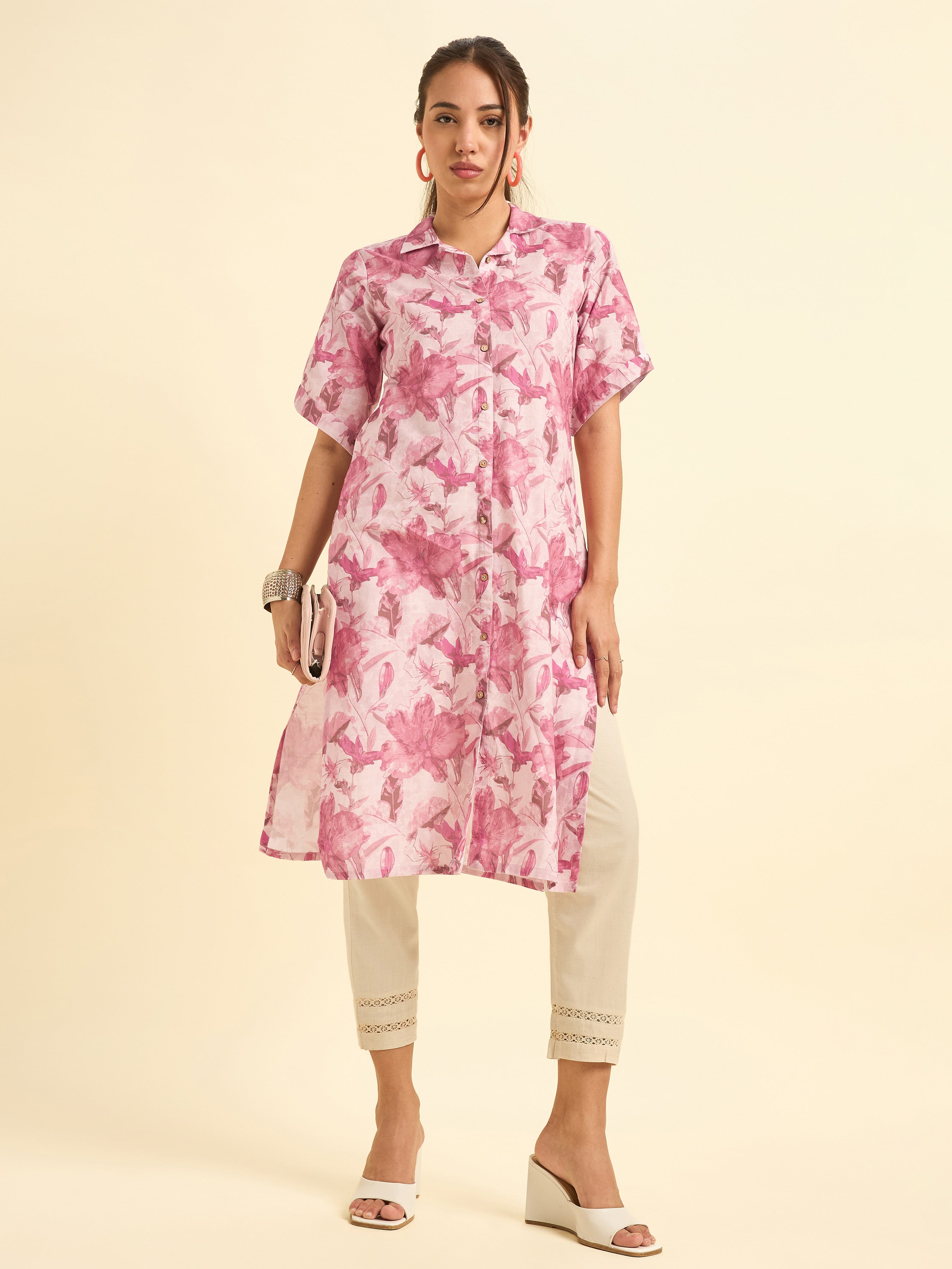 Blush Pink Cotton Slub Slited Printed Kurti With Full Placket