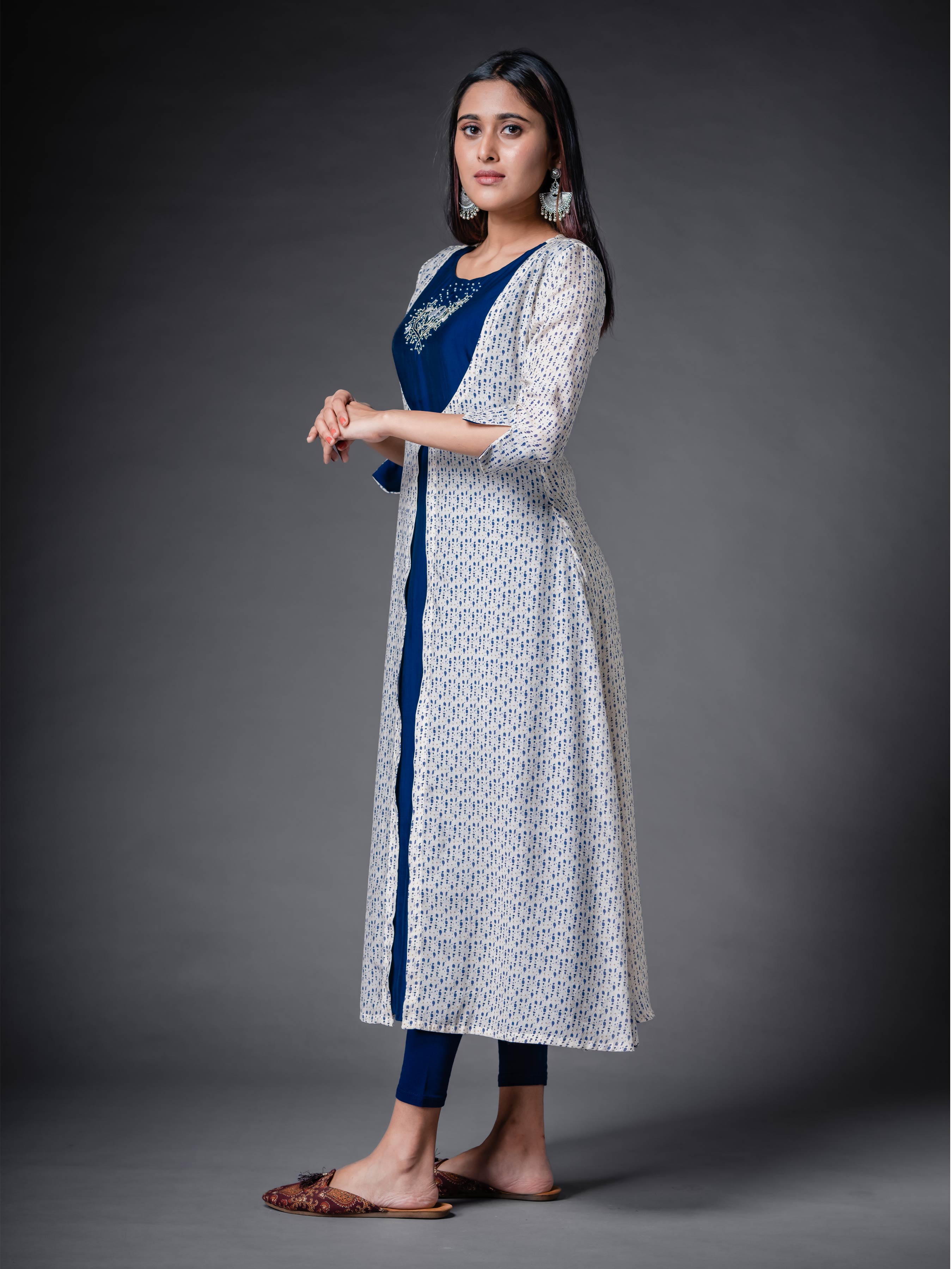 Multi-Colour Muslin Silk Printed Kurti With Handwork And Overcoat