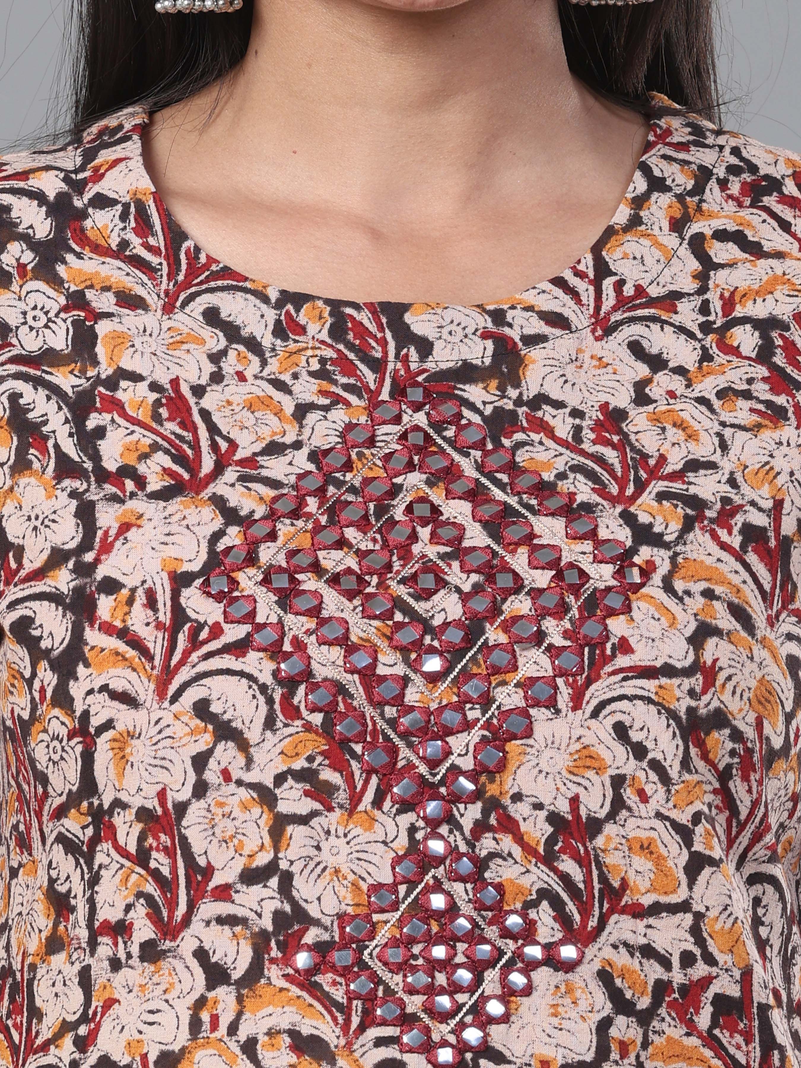 Maroon And Black Pure Cotton Printed Kurti With Mirror Work