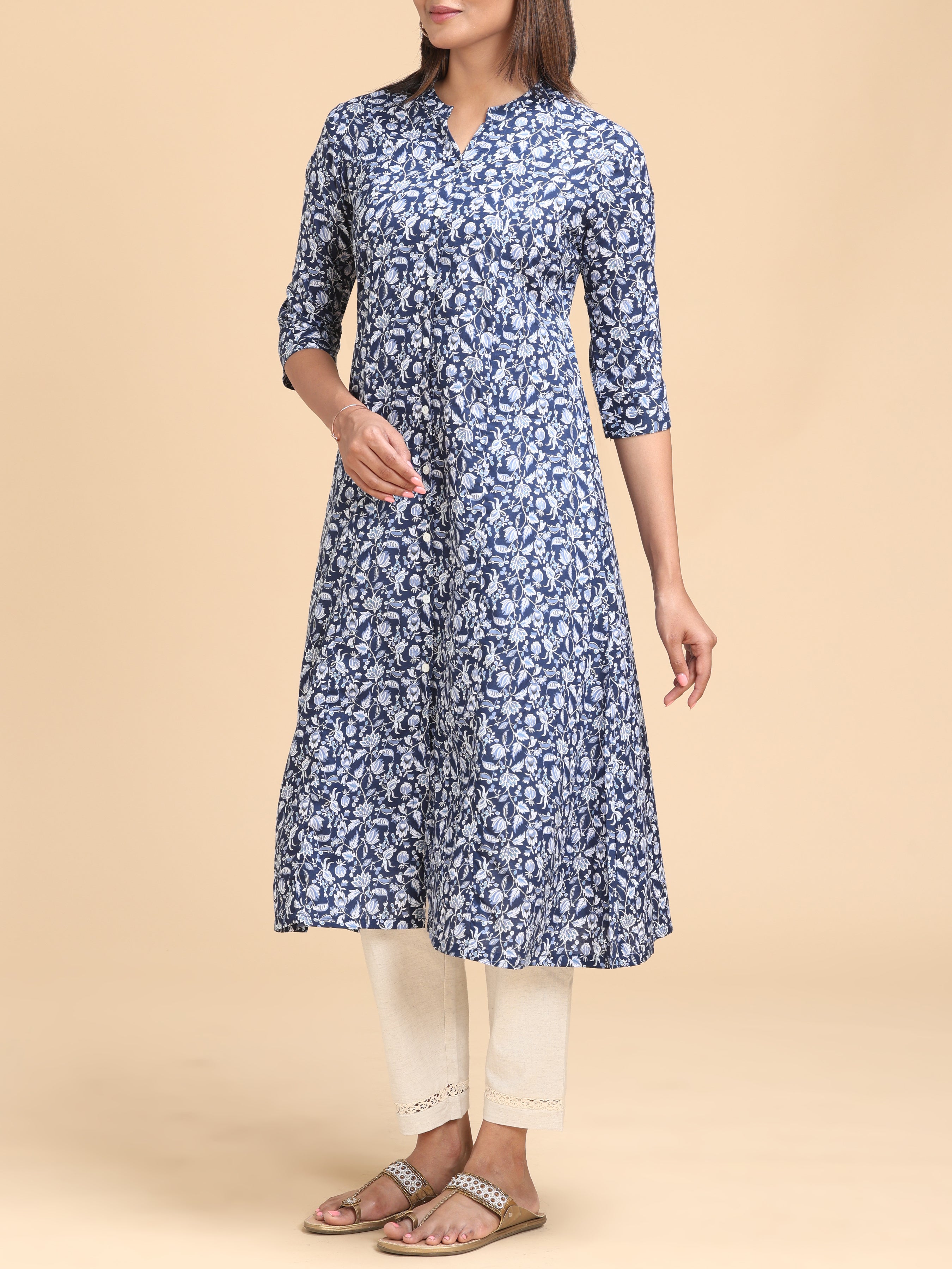 Blue Viscose Kurti With Floral Print