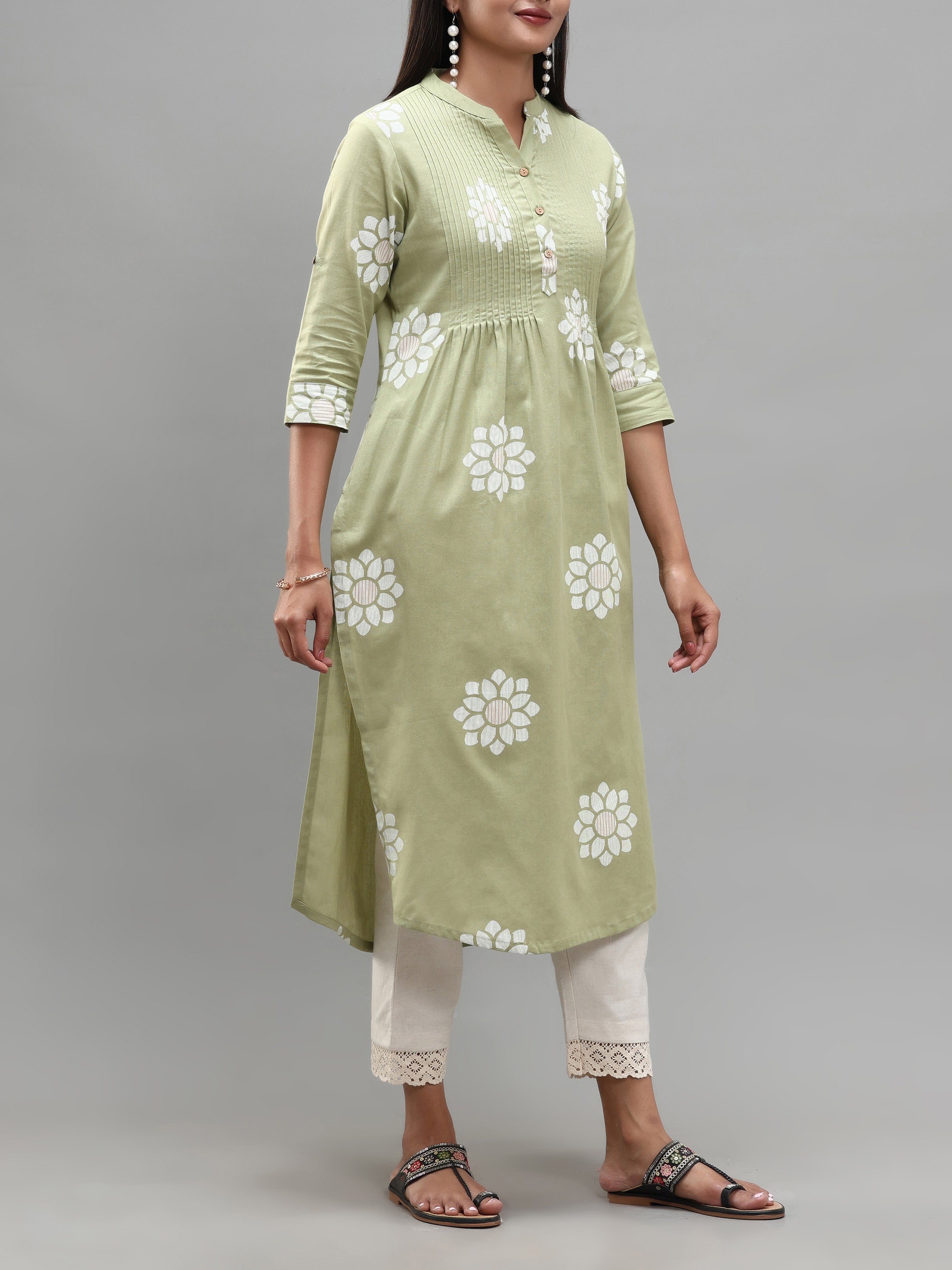 Green Cotton Flax Kurti With Print