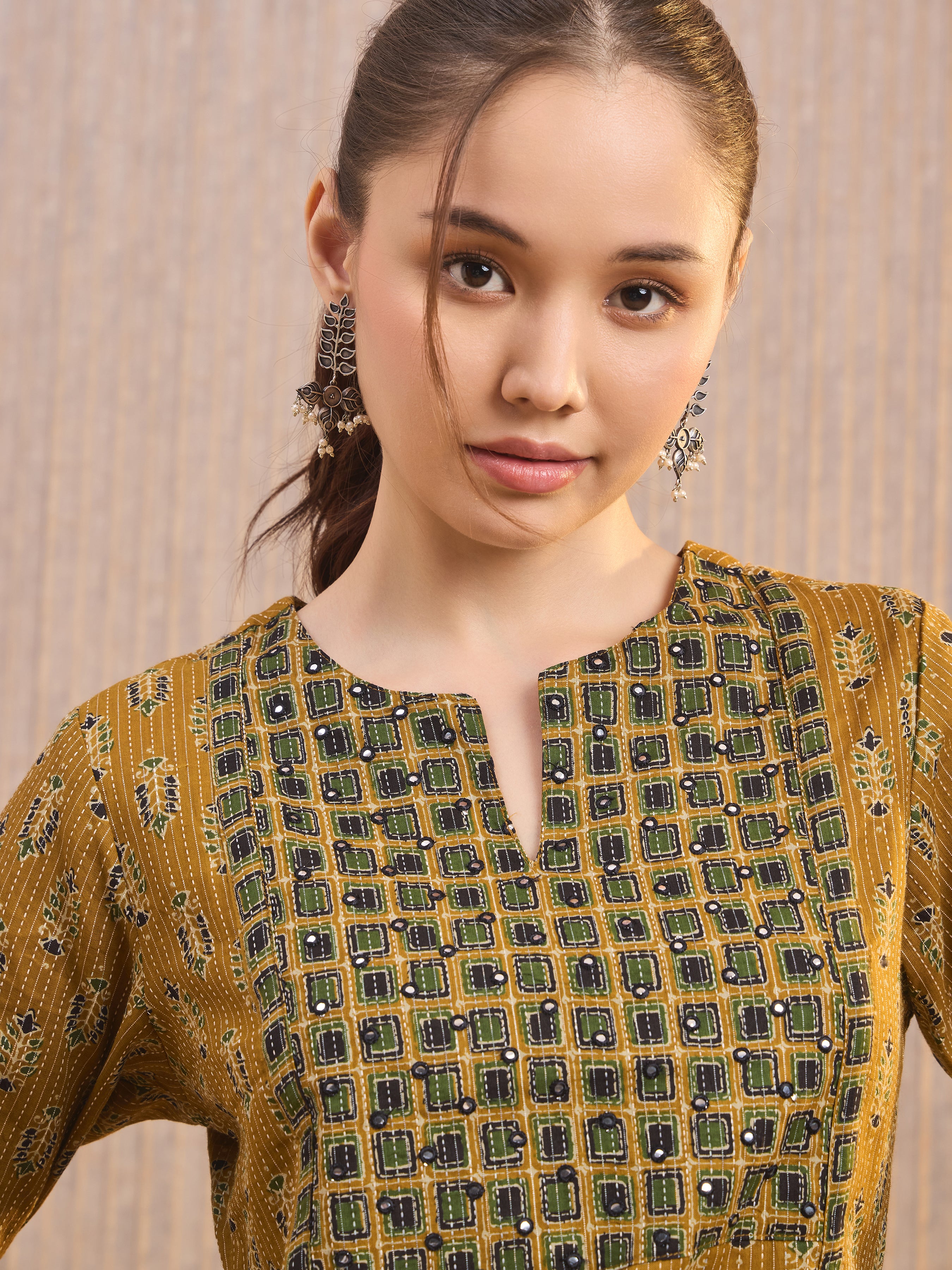 Mustard Yellow Cotton Katha Printed Kurti With Mirror Work Embroidery