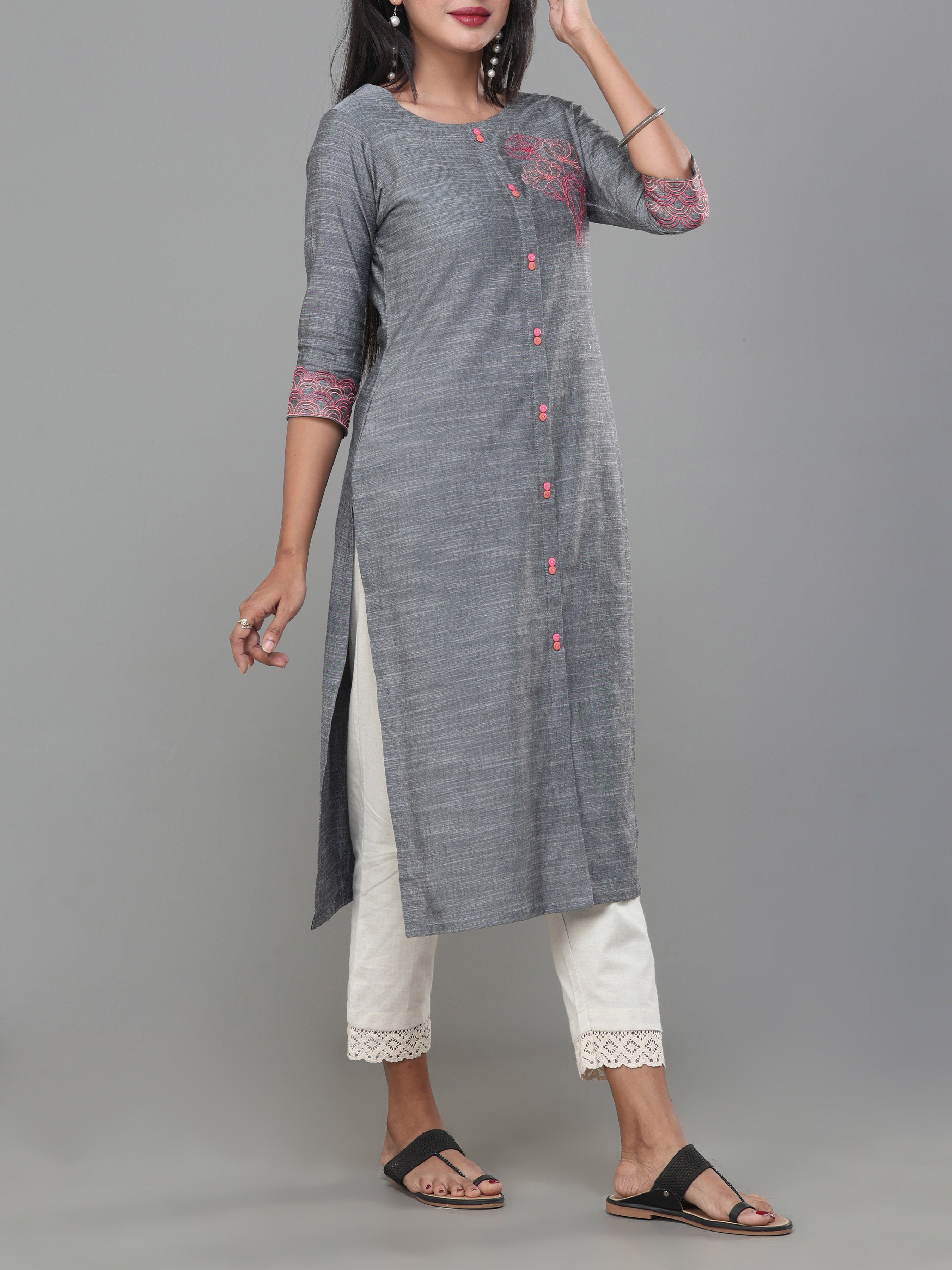 Grey Viscose Cotton Slub Kurti With Embroidery