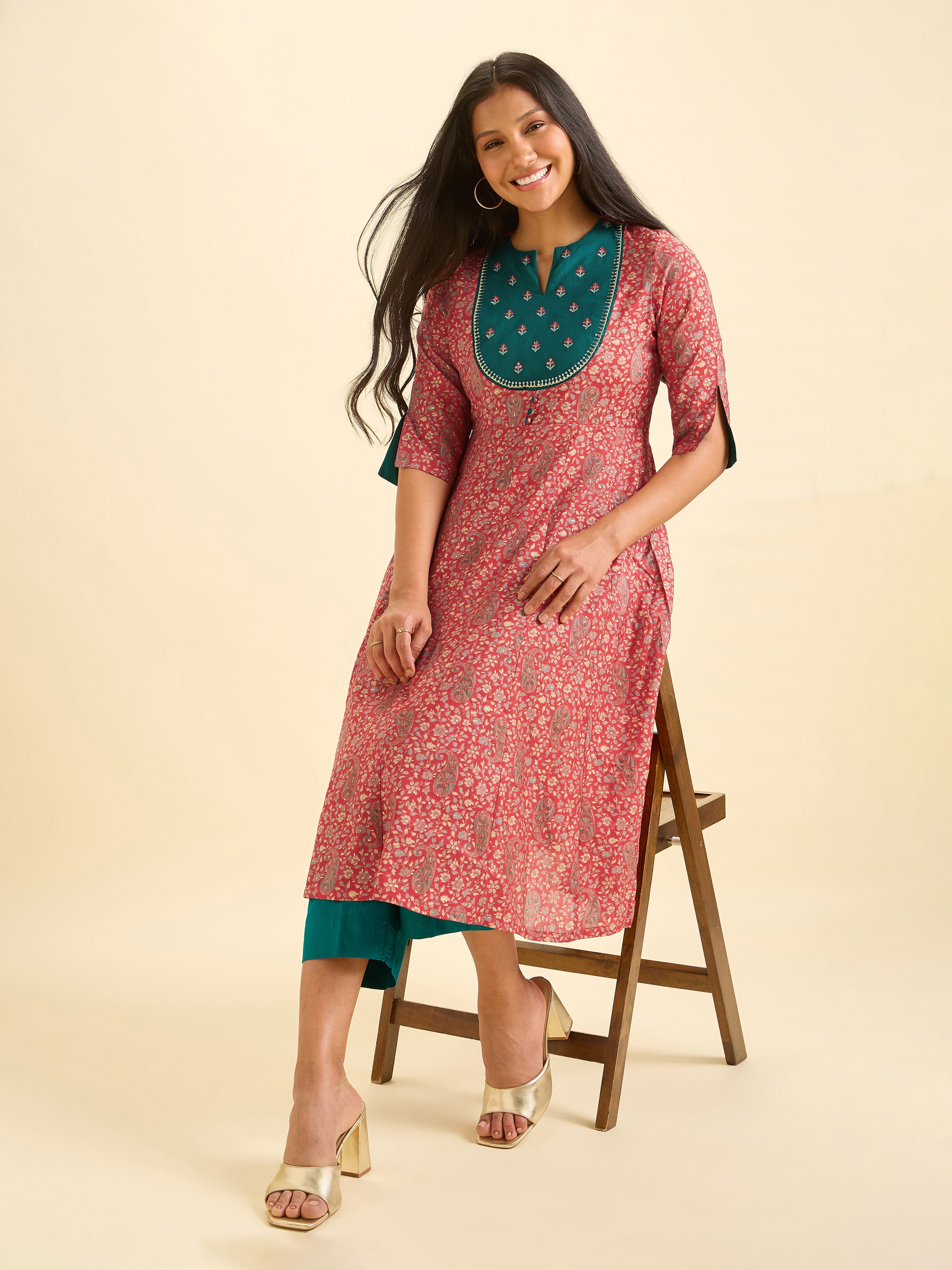 Red Modal Chanderi Kali Cut Kurti Set With Embroidery Sequins Work