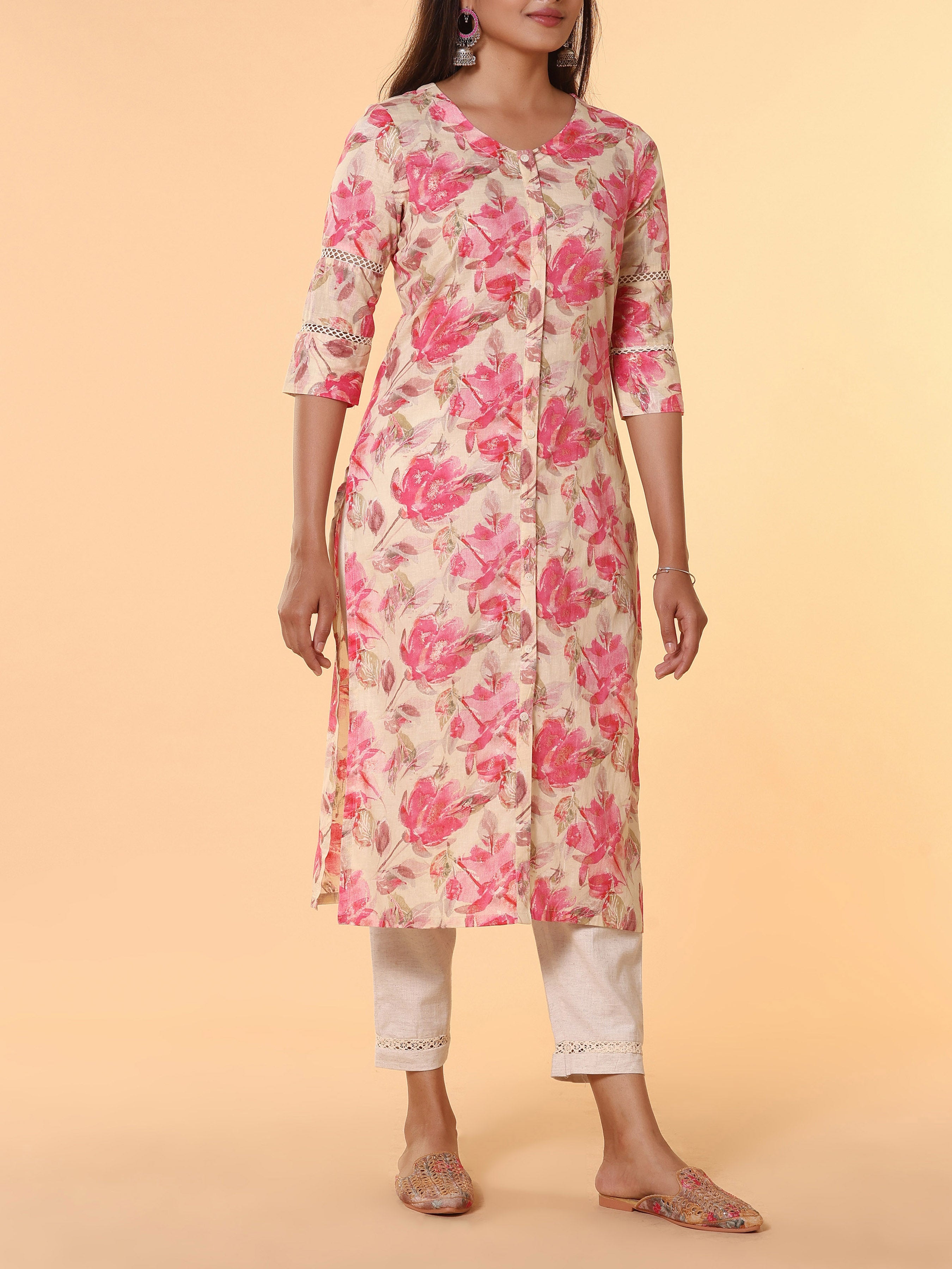 Multi Colour Pure Cotton Printed Kurti With Lace Detailing