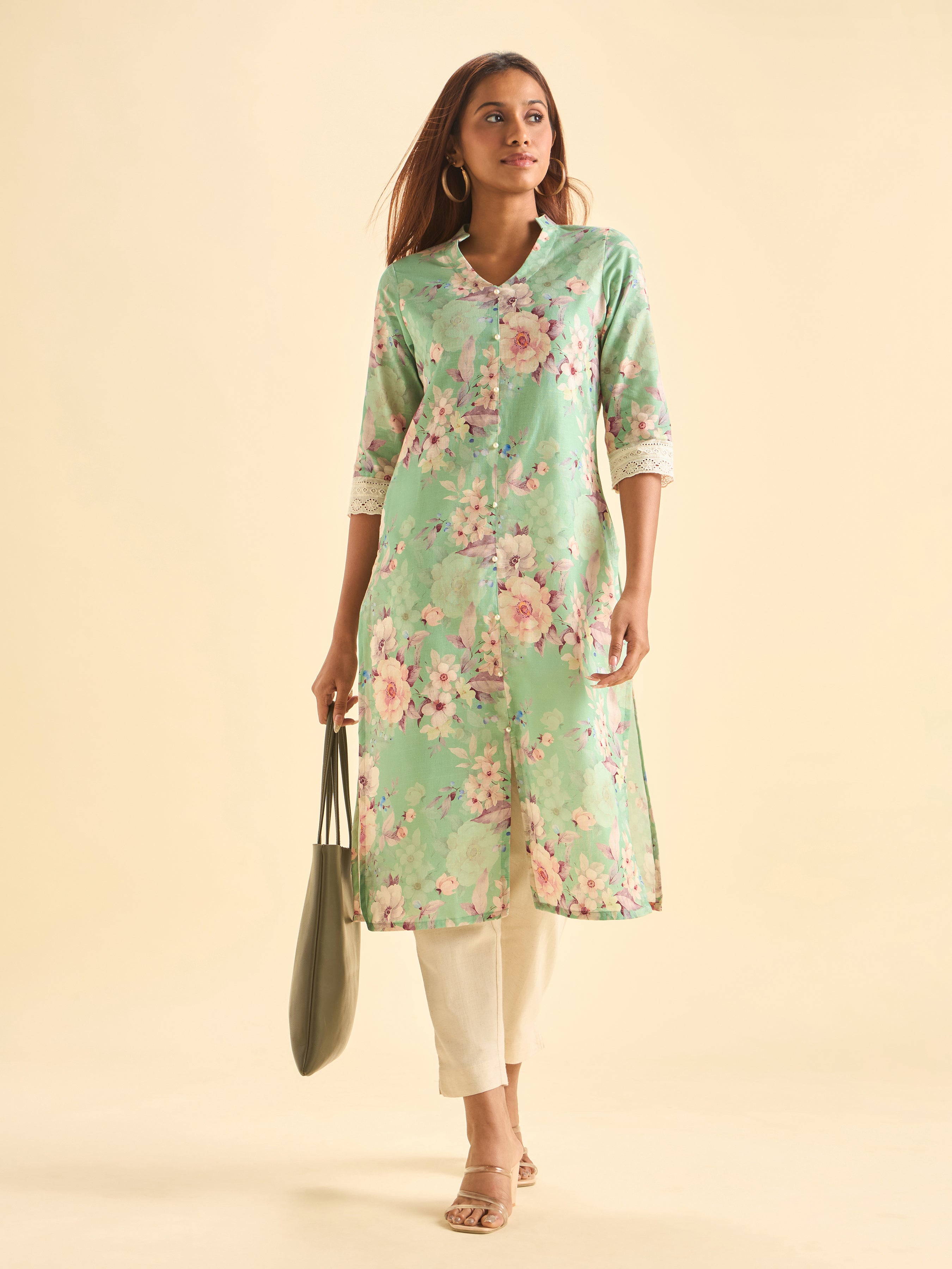 Mint Green Cotton Slub Slited Printed Kurti With Lace
