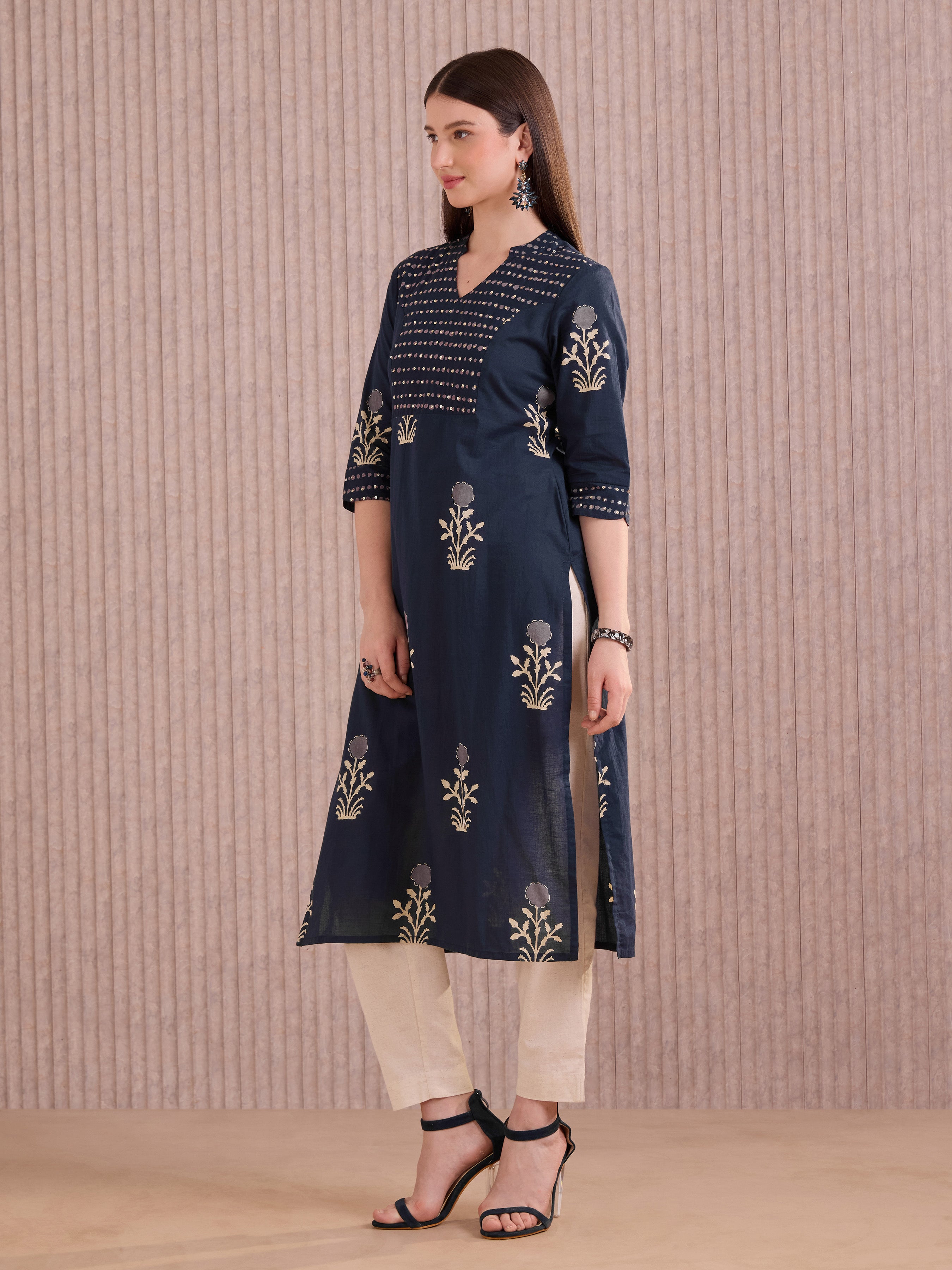 Navy Blue Pure Cotton Printed Kurti With Sequins Work