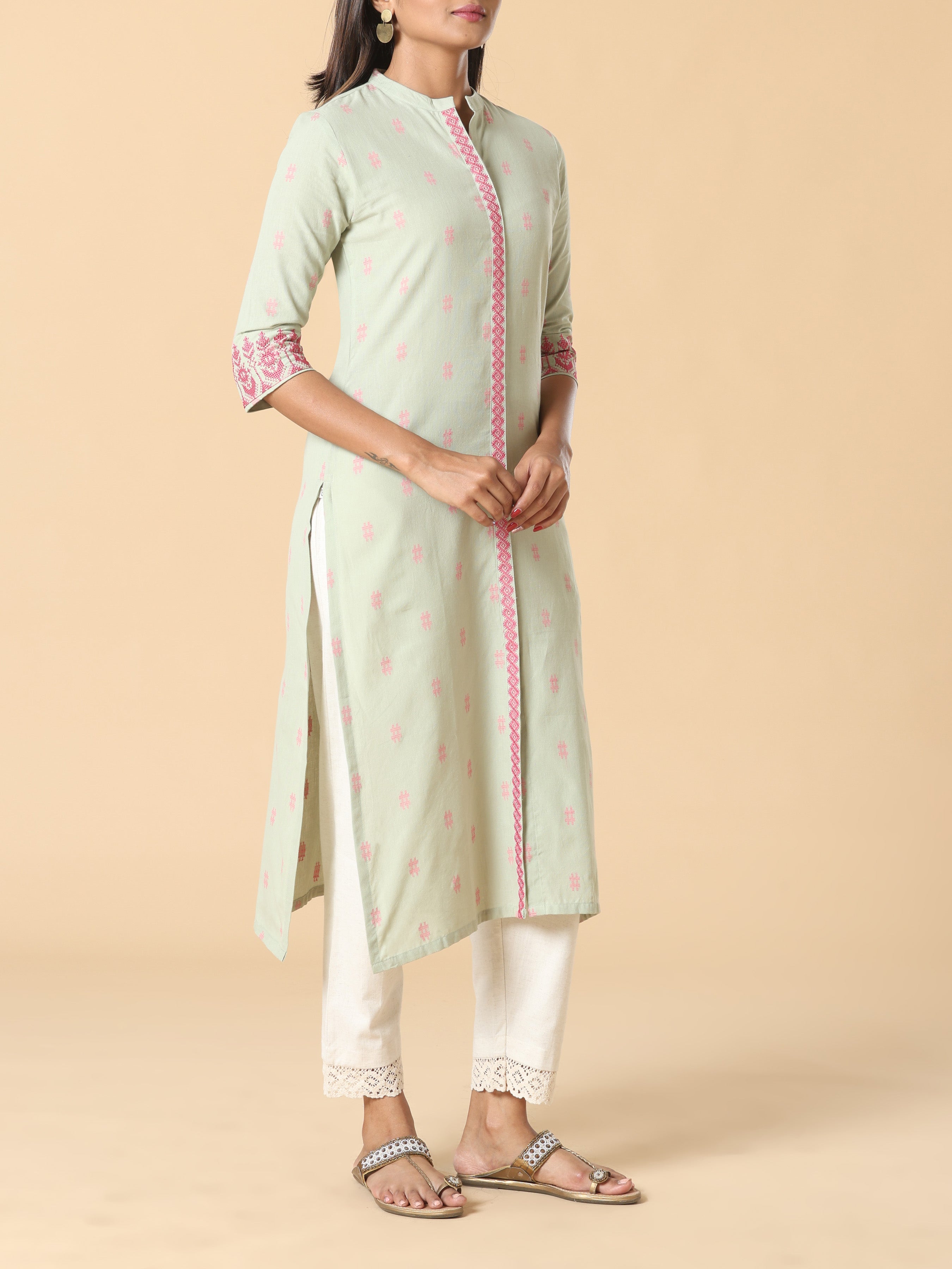 Pista Green Cotton Dobby Kurti With Embroidery