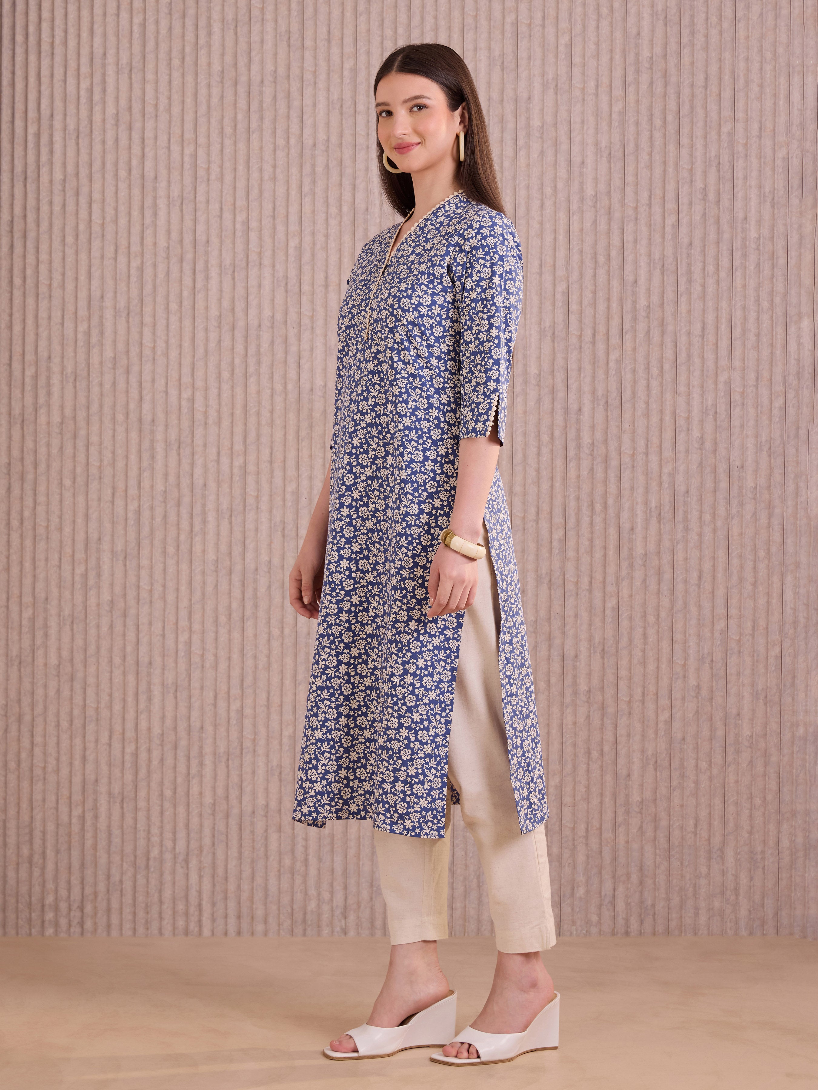 Blue Colour Pure Cotton Printed Kurti With Lace