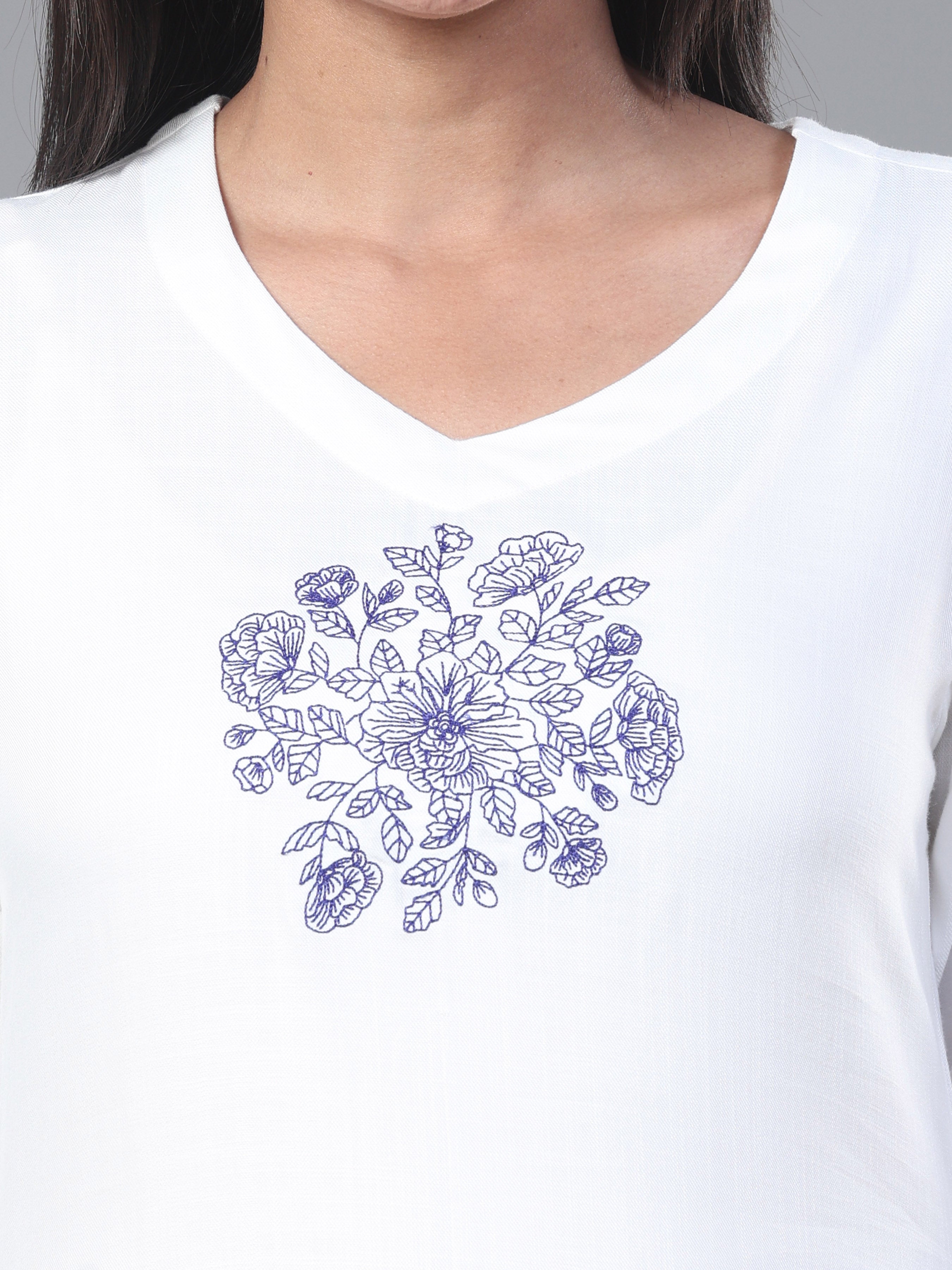 White Viscose Twill Plain Kurti With Embroidery