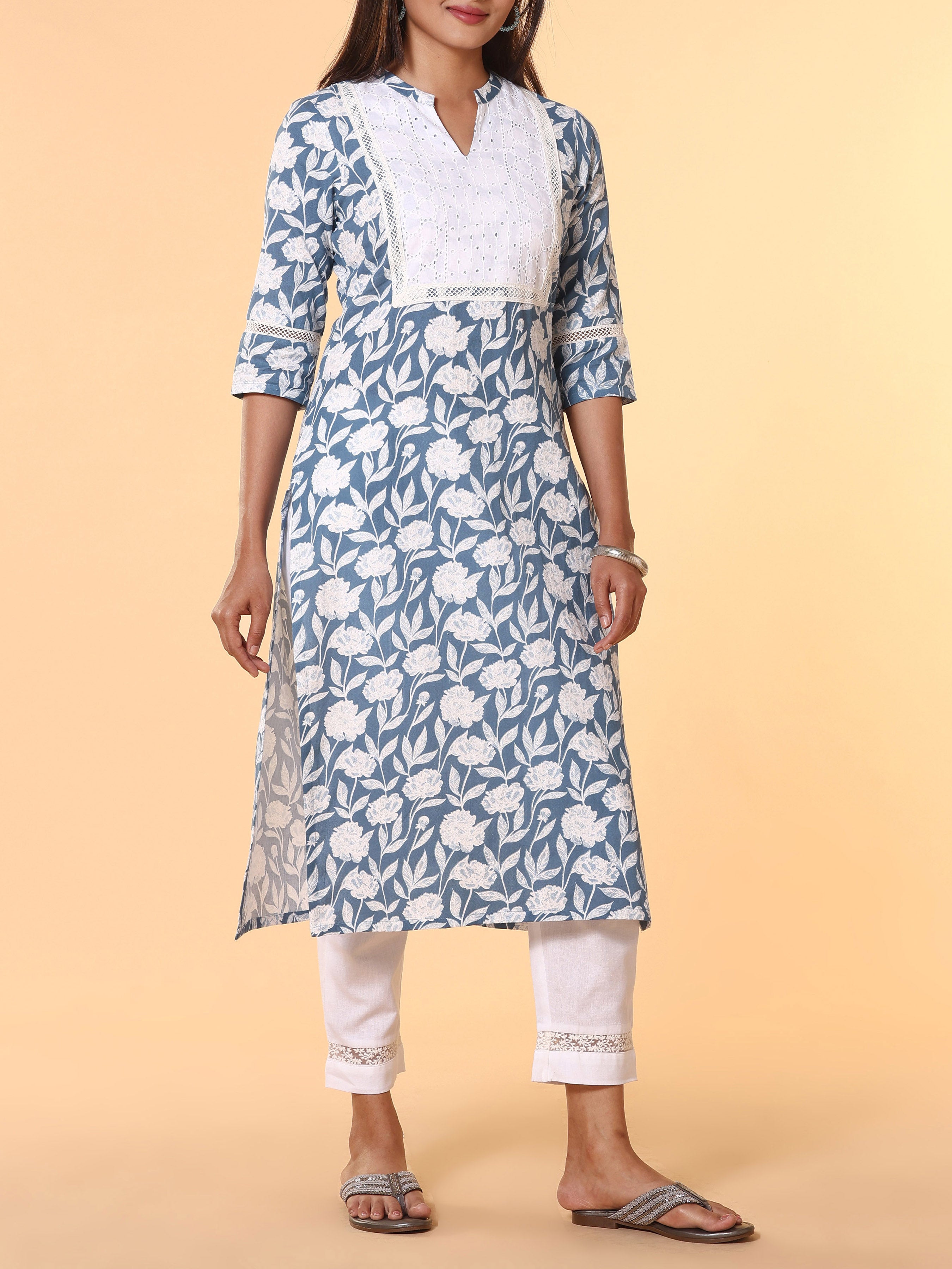 Denim Blue Cotton Flax Printed Kurti With Lace Detailing