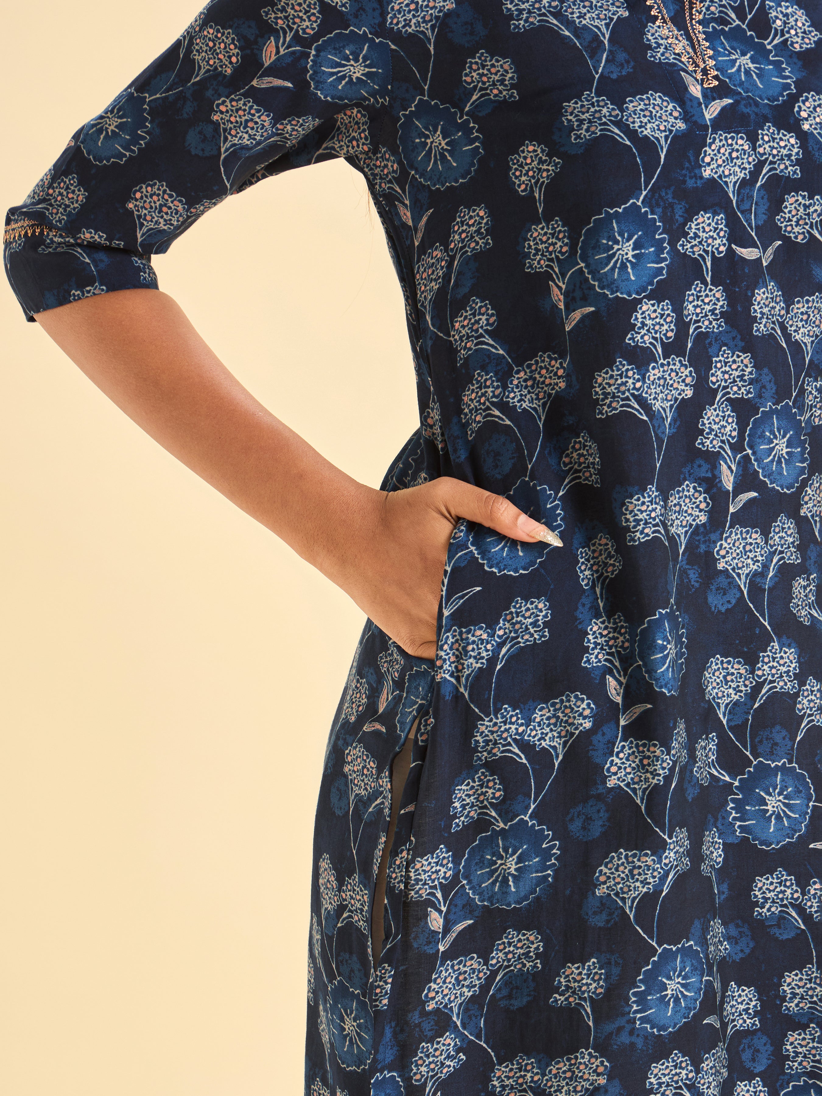 Navy Blue Modal Chanderi Slited Printed Kurti With Embroidery