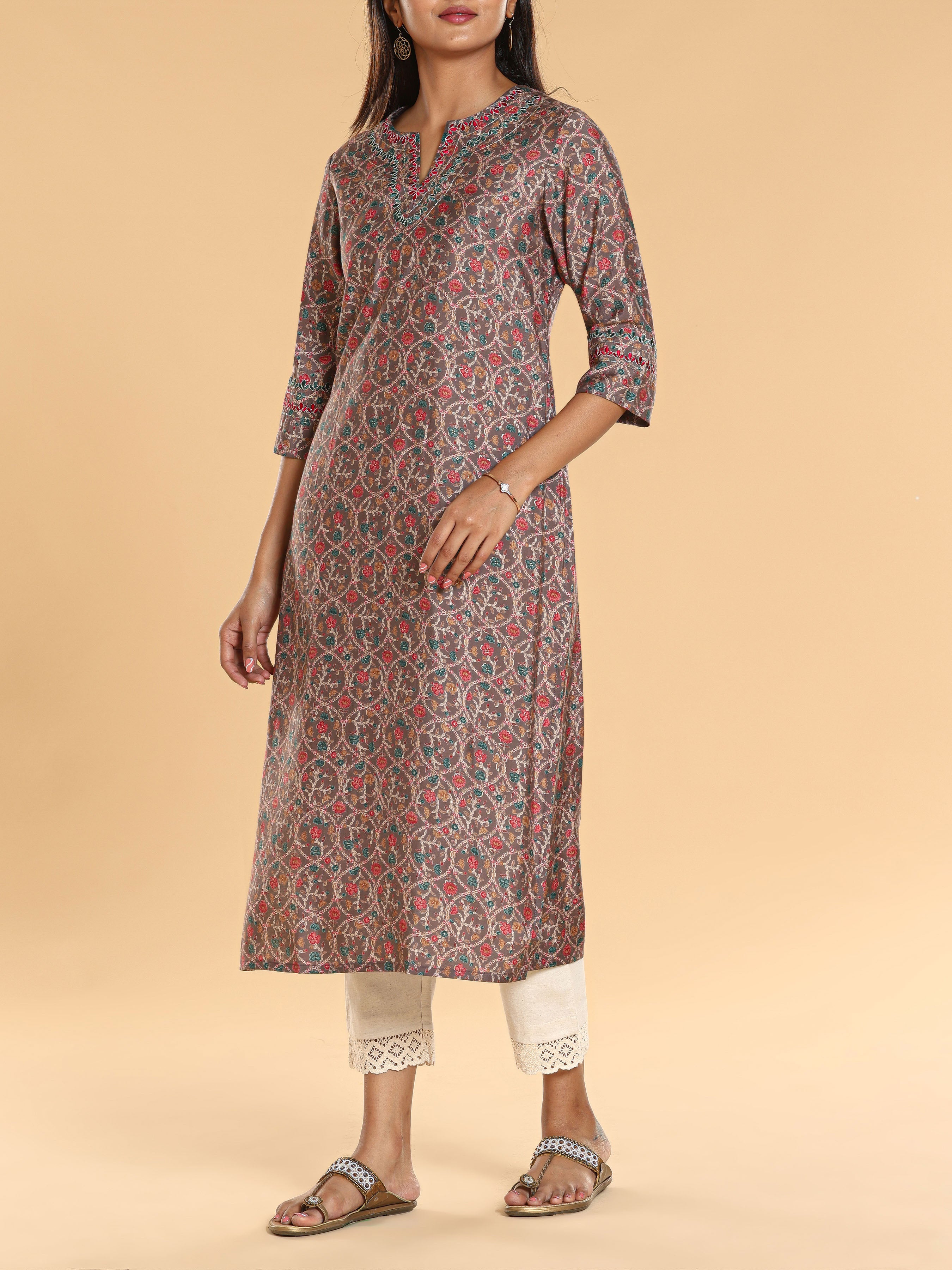 Multi-Color Modal Chanderi Printed Kurti With Embroidery