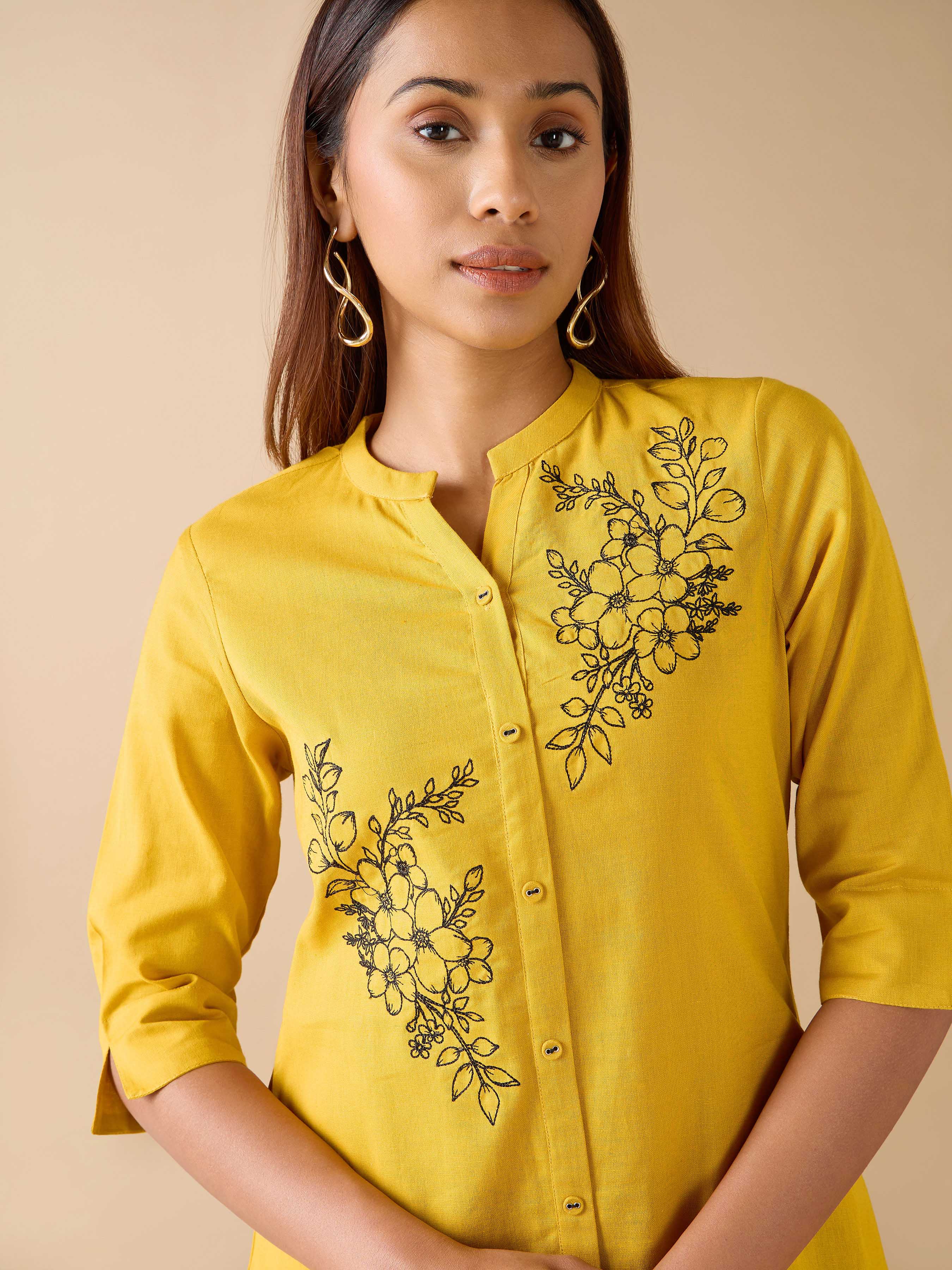 Mustard Yellow Cotton Flax Kurti With Embroidery
