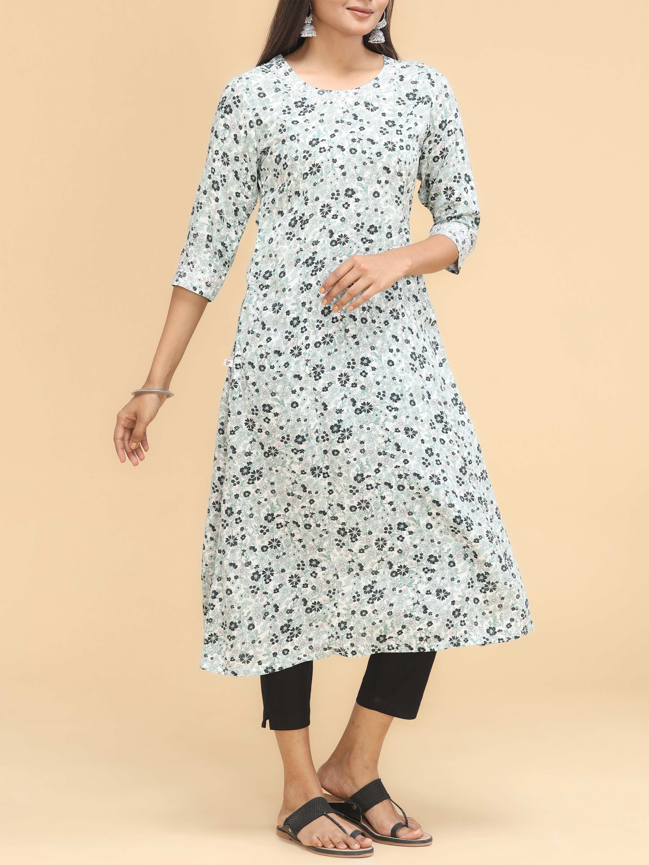 Multi-Colour Cotton Falx Floral Printed Princess Cut Kurti With Embroidery