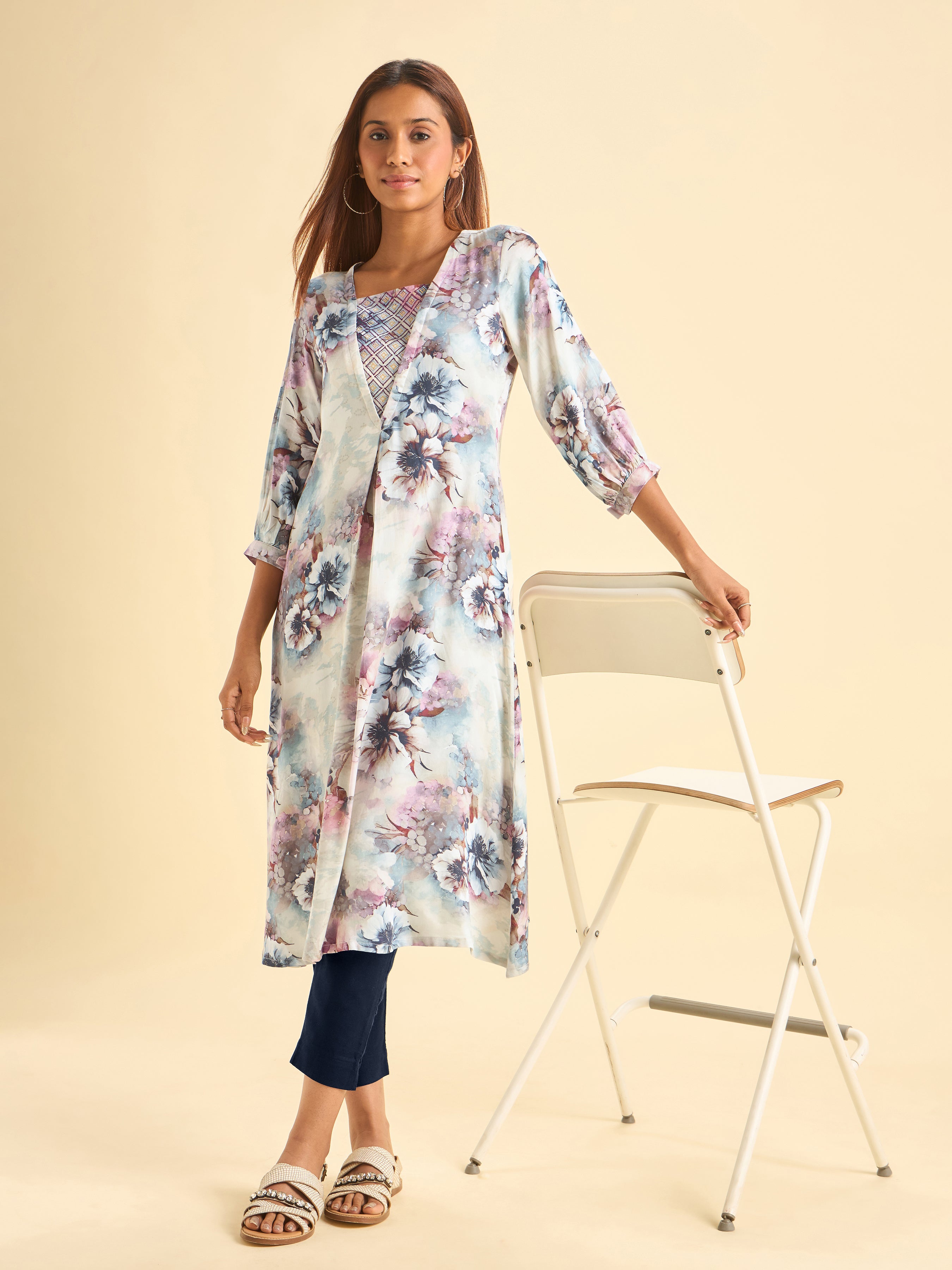 Ivory Modal Satin Printed Flared Kurti