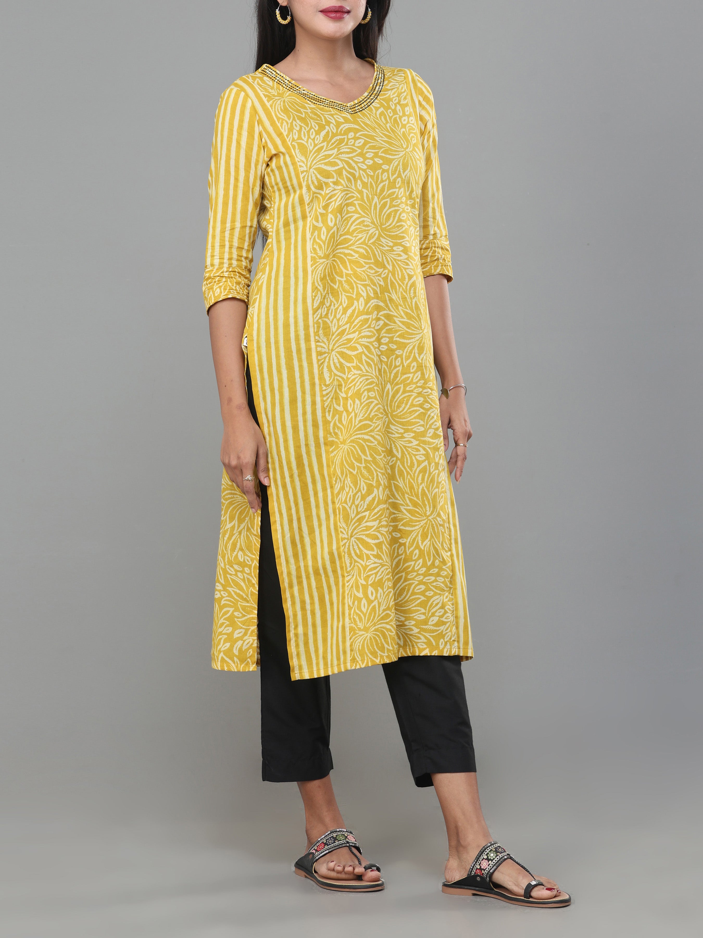 Yellow Pure Cotton Printed Kurti With Sequins Work