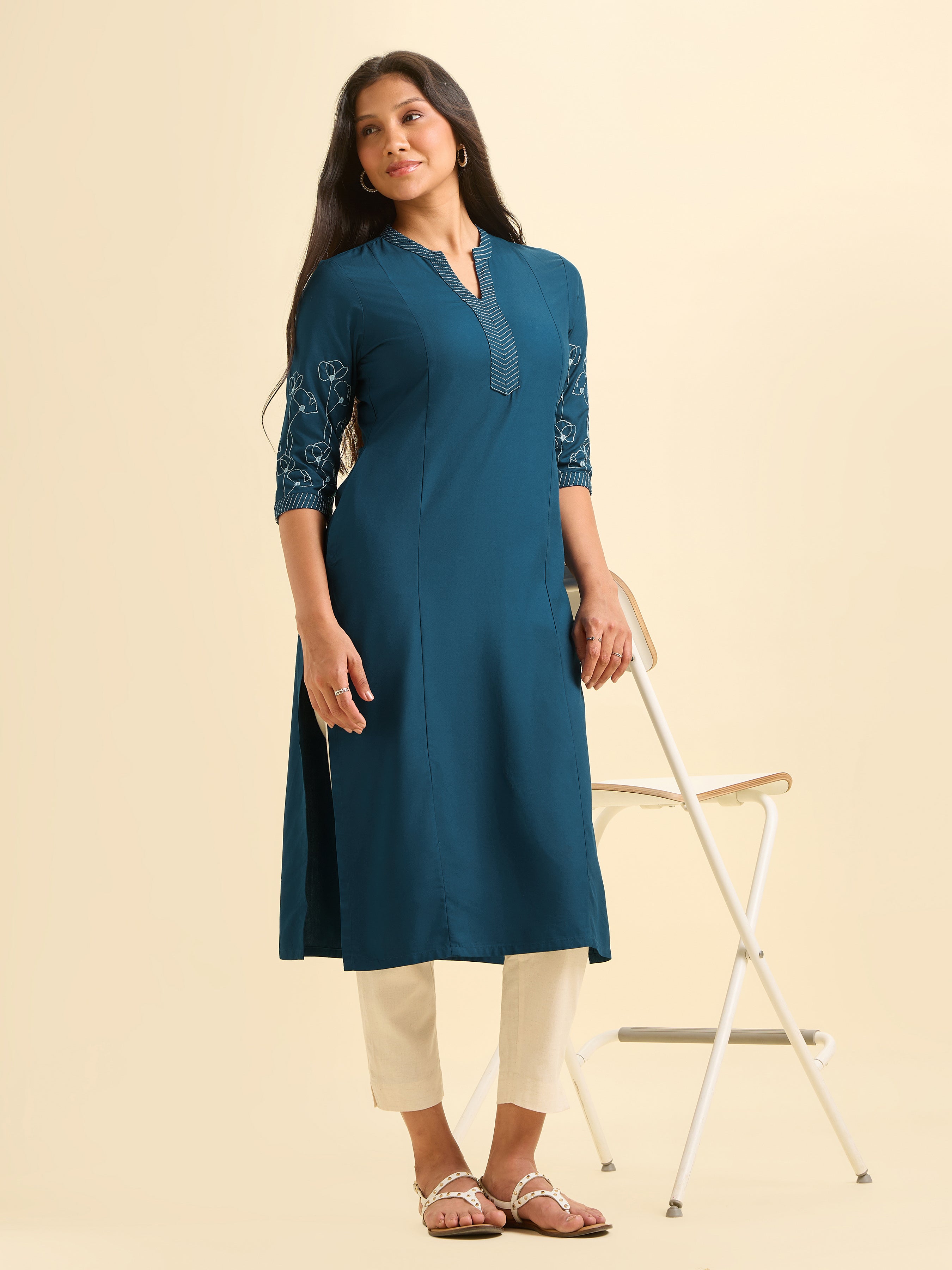 Classic Blue Viscose Plain Slitted Kurti With Embroidery