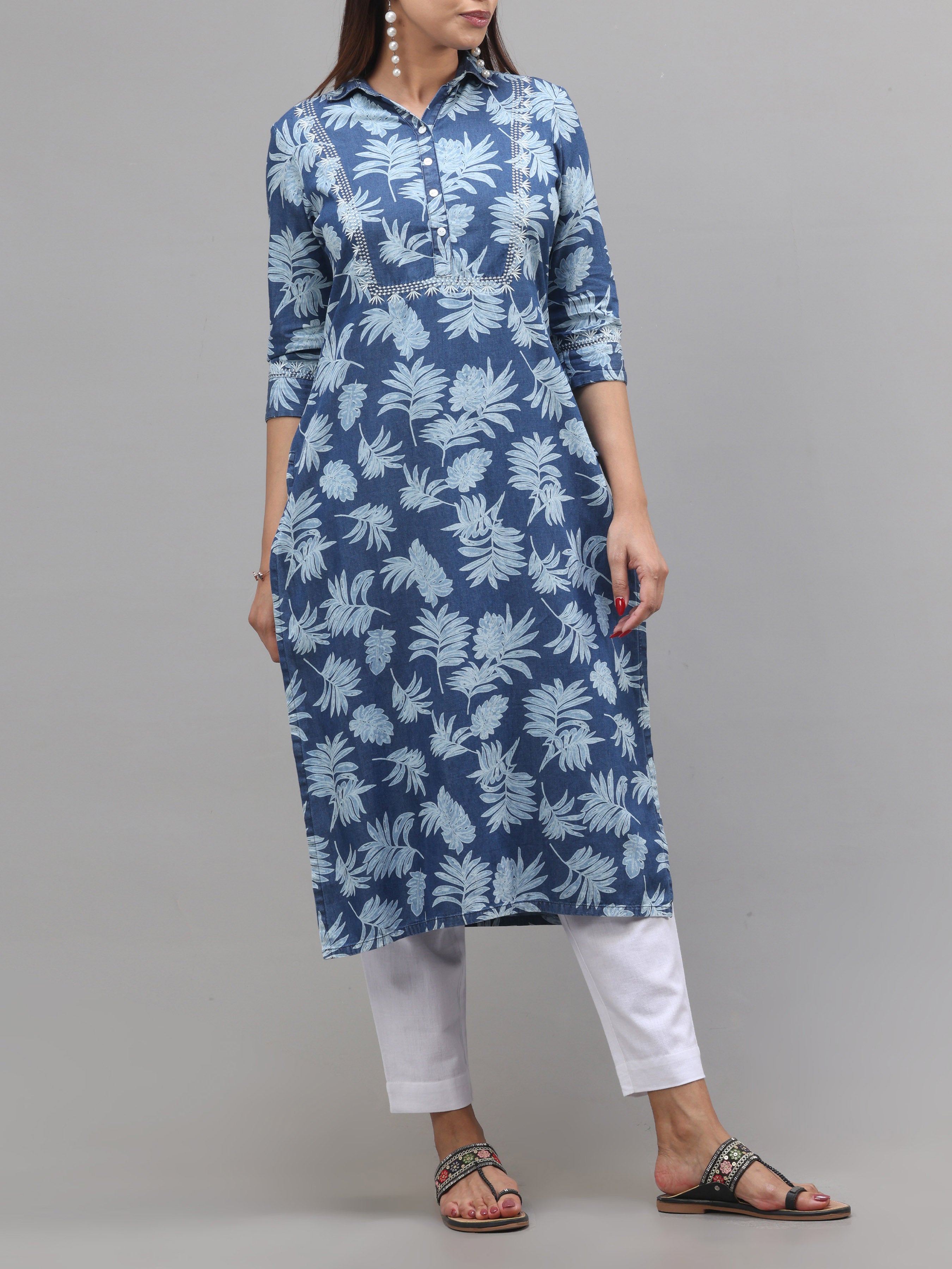 Denim Printed Kurti With Embroidery