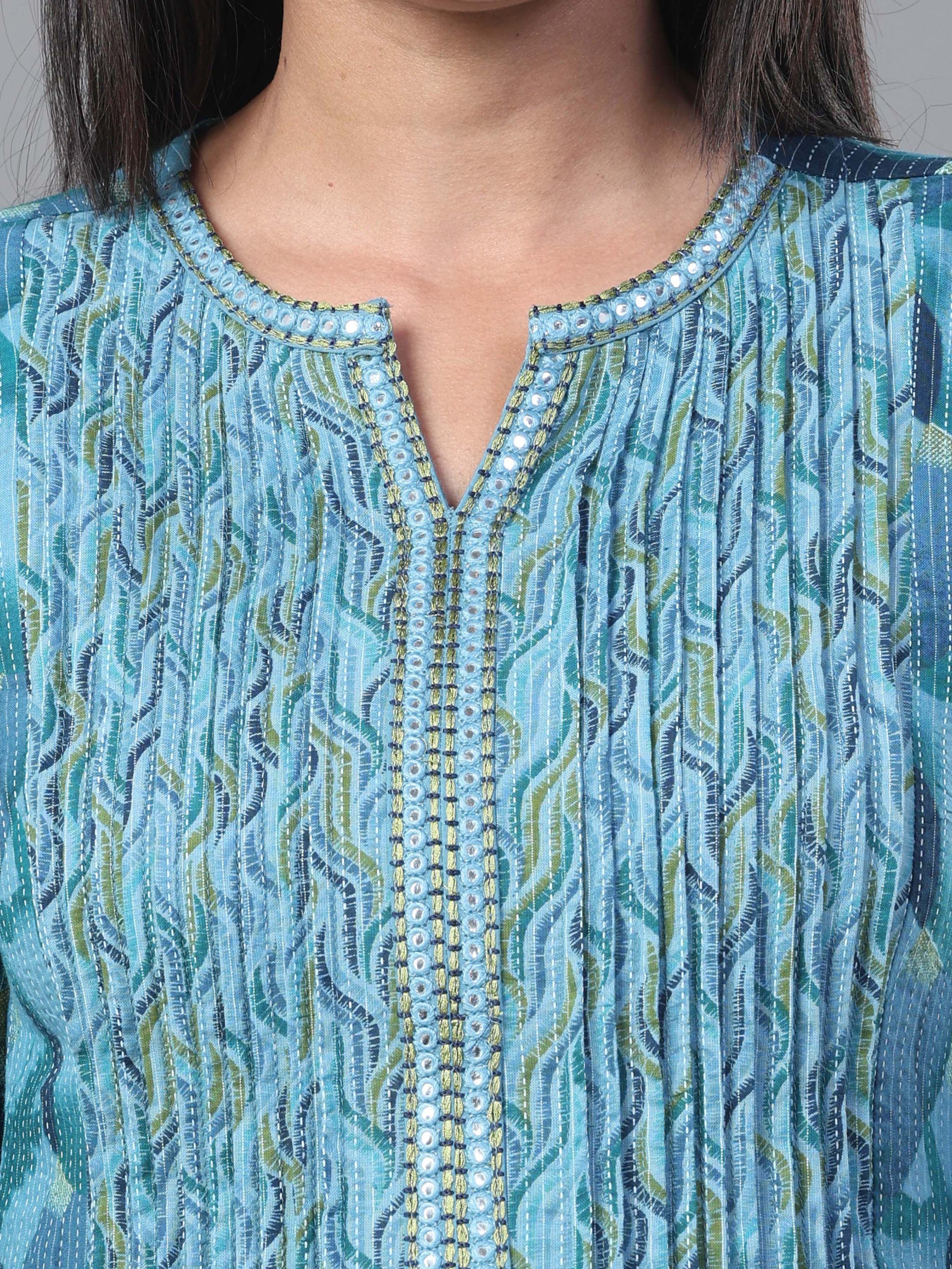 Multi Colour Pure Cotton Katha Printed Kurti