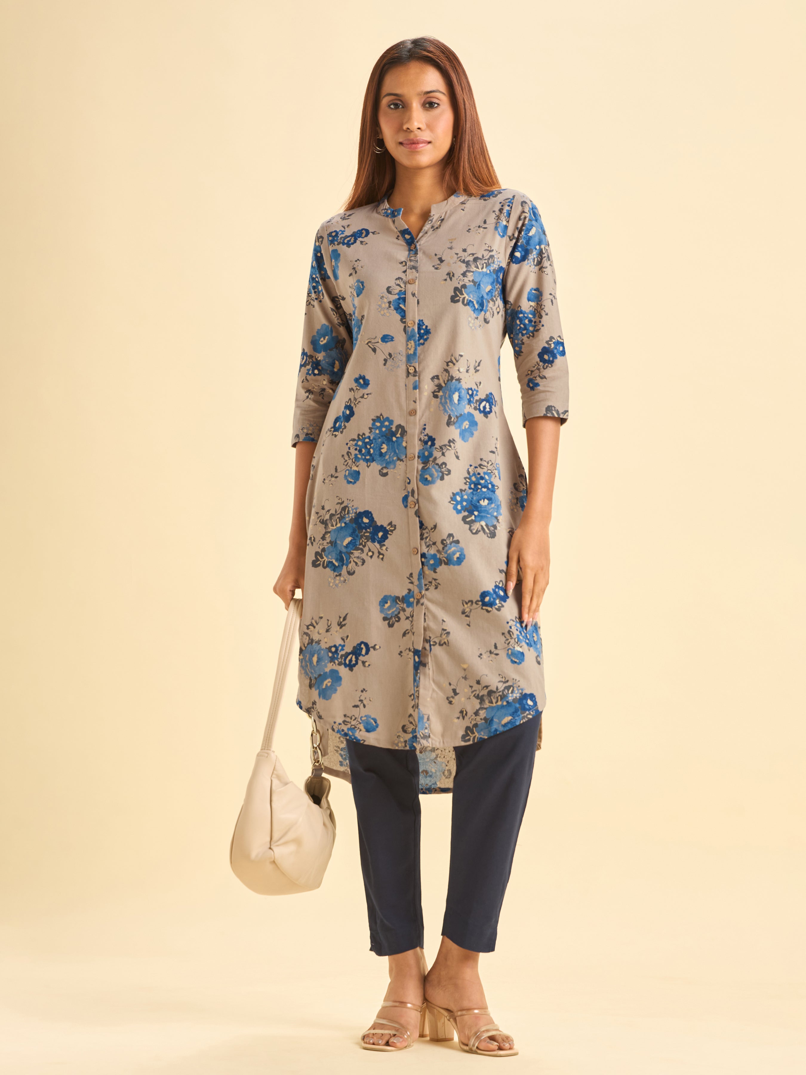 Ivory Cotton Flax Printed Kurti With Center Cut