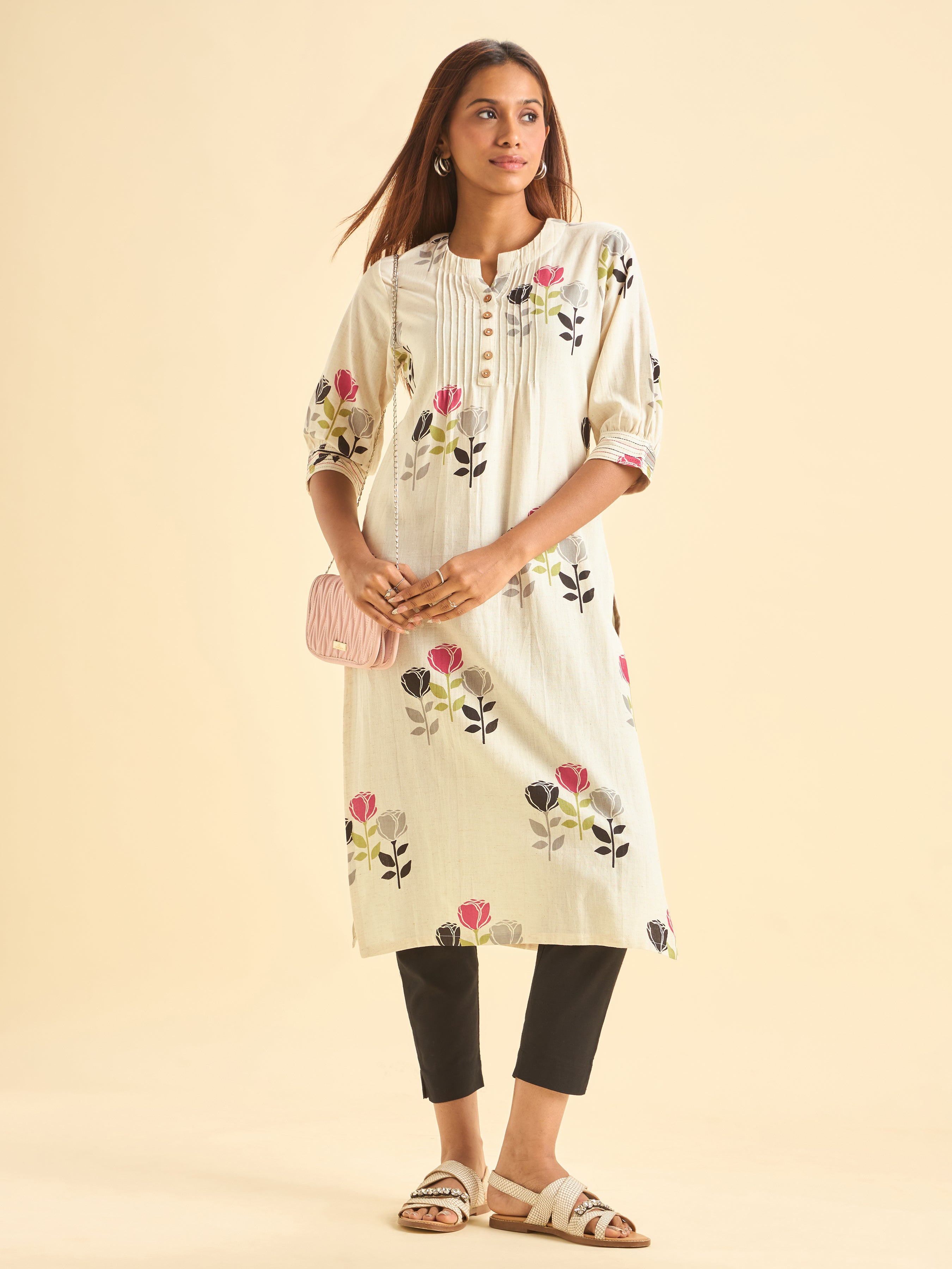 Multicolour Cotton Flax Printed Slited Kurti With Embroidery On Sleeves And Pintucks