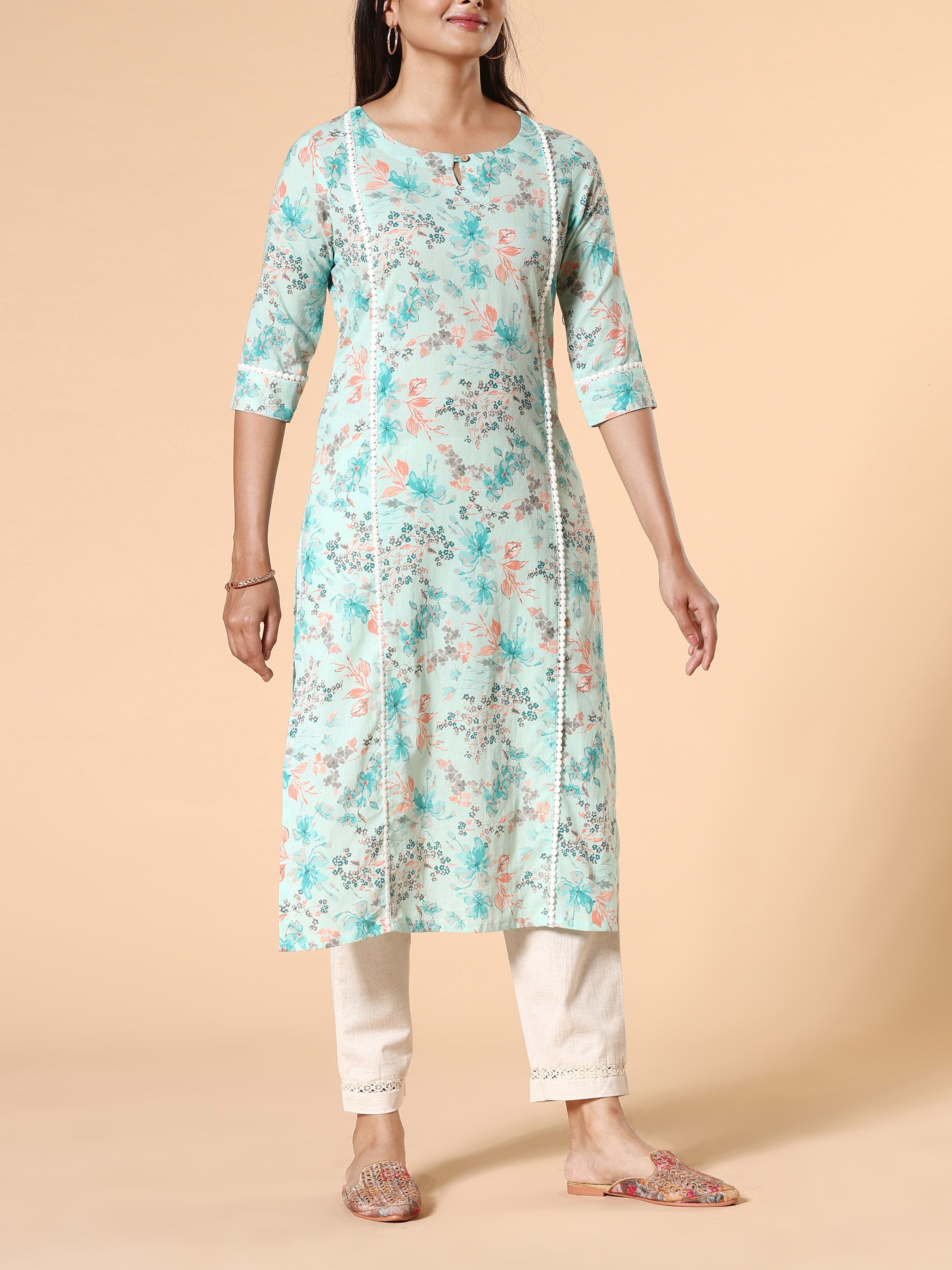 Aqua Blue Pure Cotton Printed Kurti With Lace Detailing