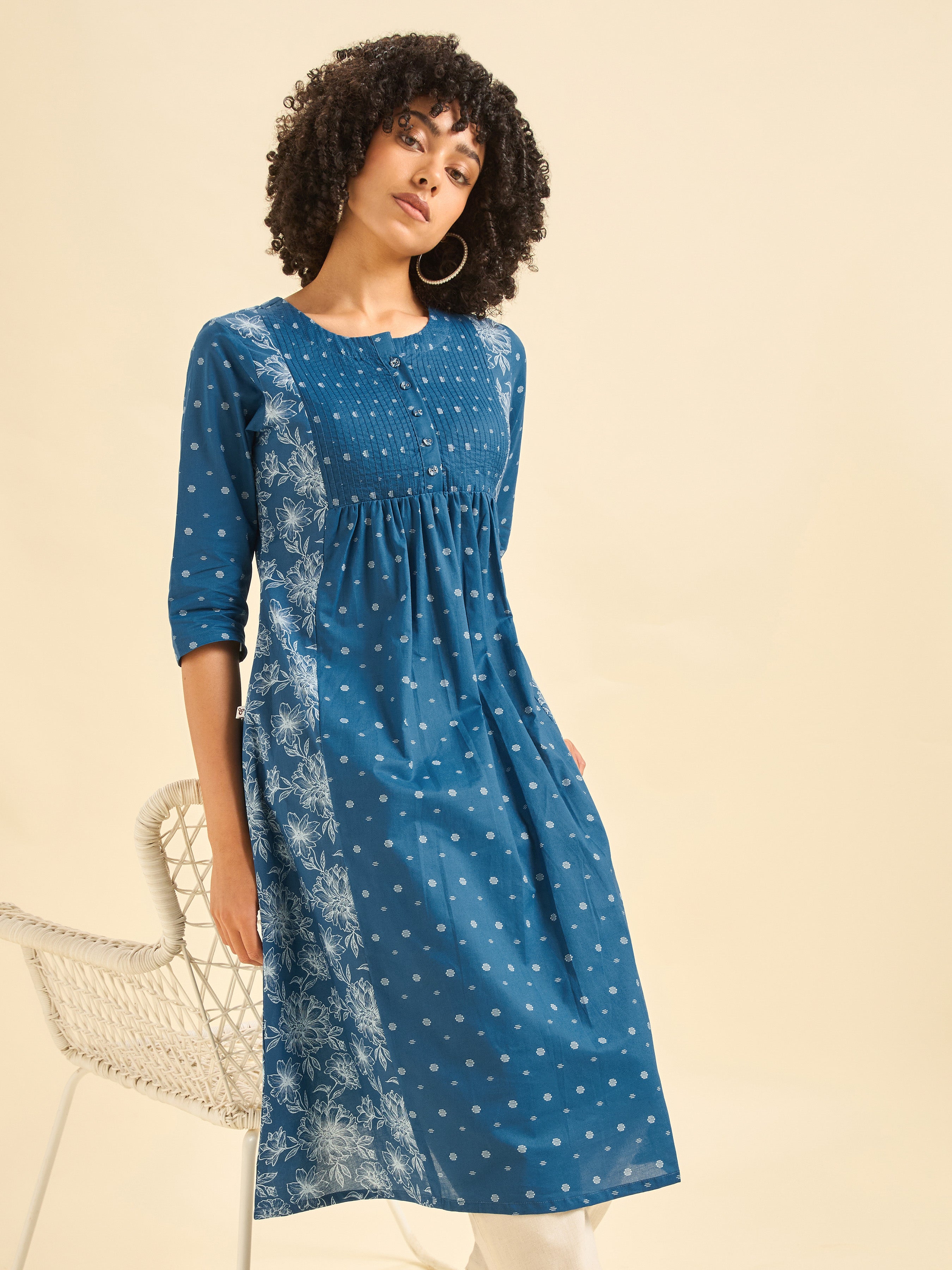 Royal Blue Cotton Printed Flared Kurti